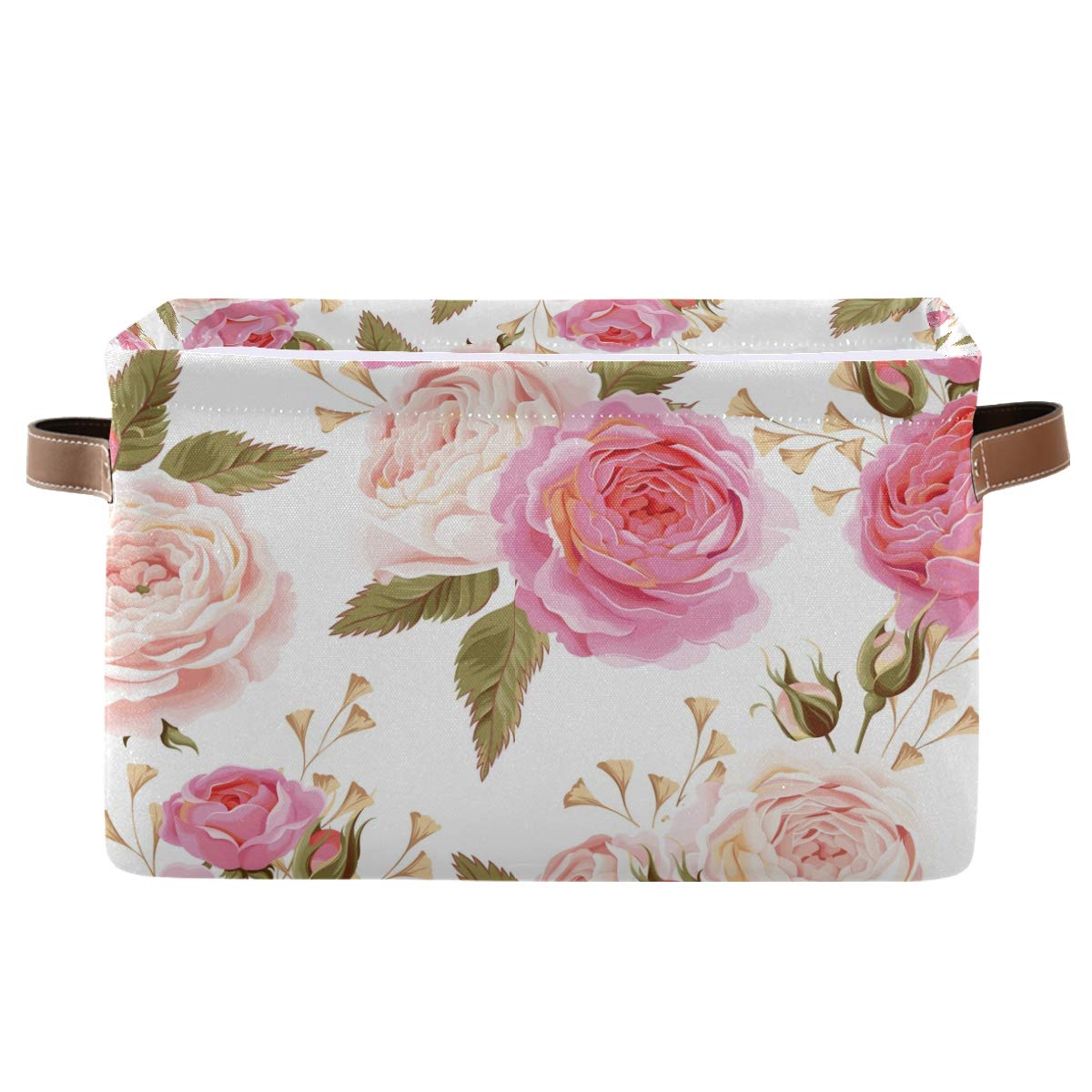 AGONA Large Foldable Storage Bin - Spring Pink Rose Floral Fabric Basket with Leather Handles | Collapsible Decorative Organizer for Closet, Bedroom, Nursery | Home Storage Solution for Toys, Blankets & Seasonal Items (1 Pack)