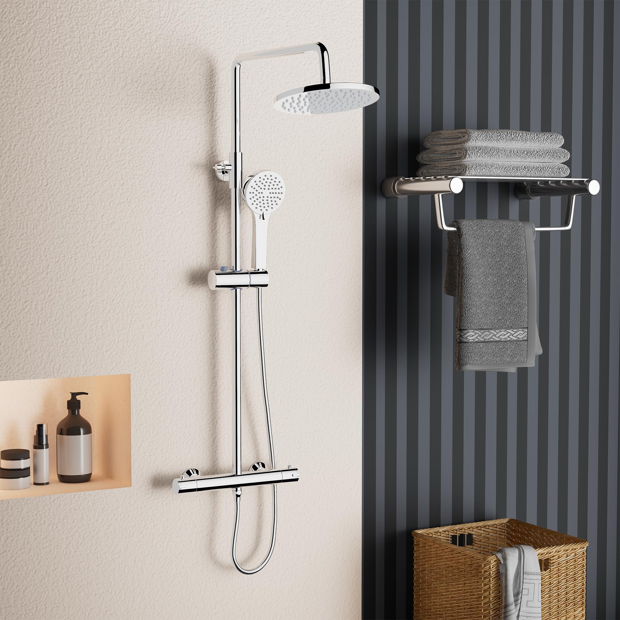 PURAGEIR Adjustable Height Shower Column System with Mixer & 22x22cm Shower Head - Chrome Finish for Bathroom & Spa Relaxation (75-115cm Height Range)