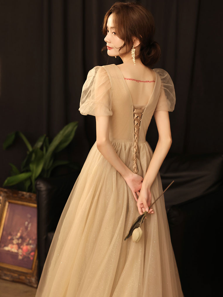 Elegant A-Line Champagne Long Prom Dress - Formal Evening Gown for Bridesmaids, Homecoming, and Special Occasions