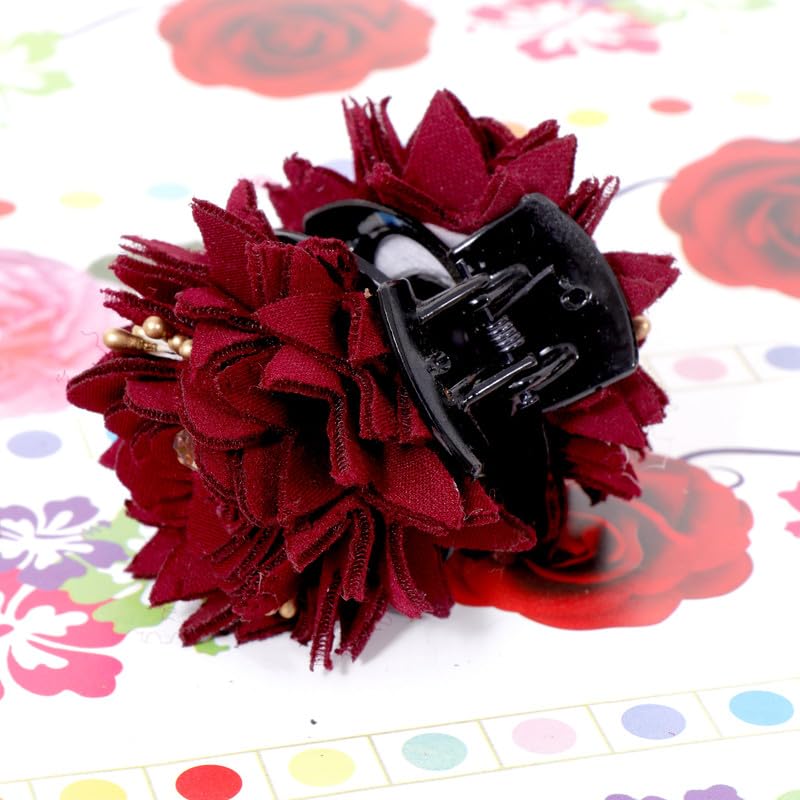 NAVMAV Hair Claw Clips for Women & Girls - Maroon Fabric Flower & Beads Hair Clutch - Stylish Hair Accessories for Ponytails, Buns & Updos (Pack of 1) - Perfect for Daily Wear, Parties & Special Occasions