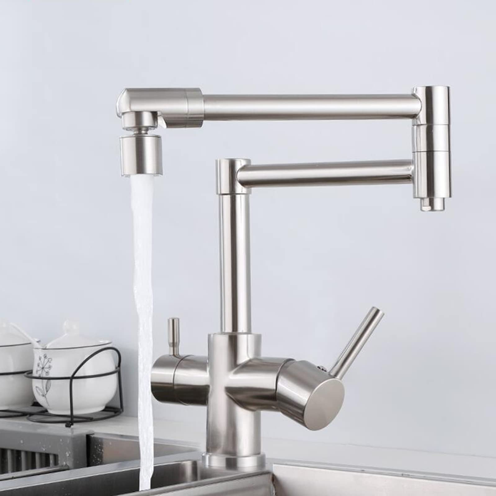 3 in 1 Brass Kitchen Faucet with Water Filter - Foldable Drinking Faucet, Brushed Nickel Finish, Multi-Functional Mixer Tap | Perfect for Modern Kitchens, RV Camping & Small Spaces