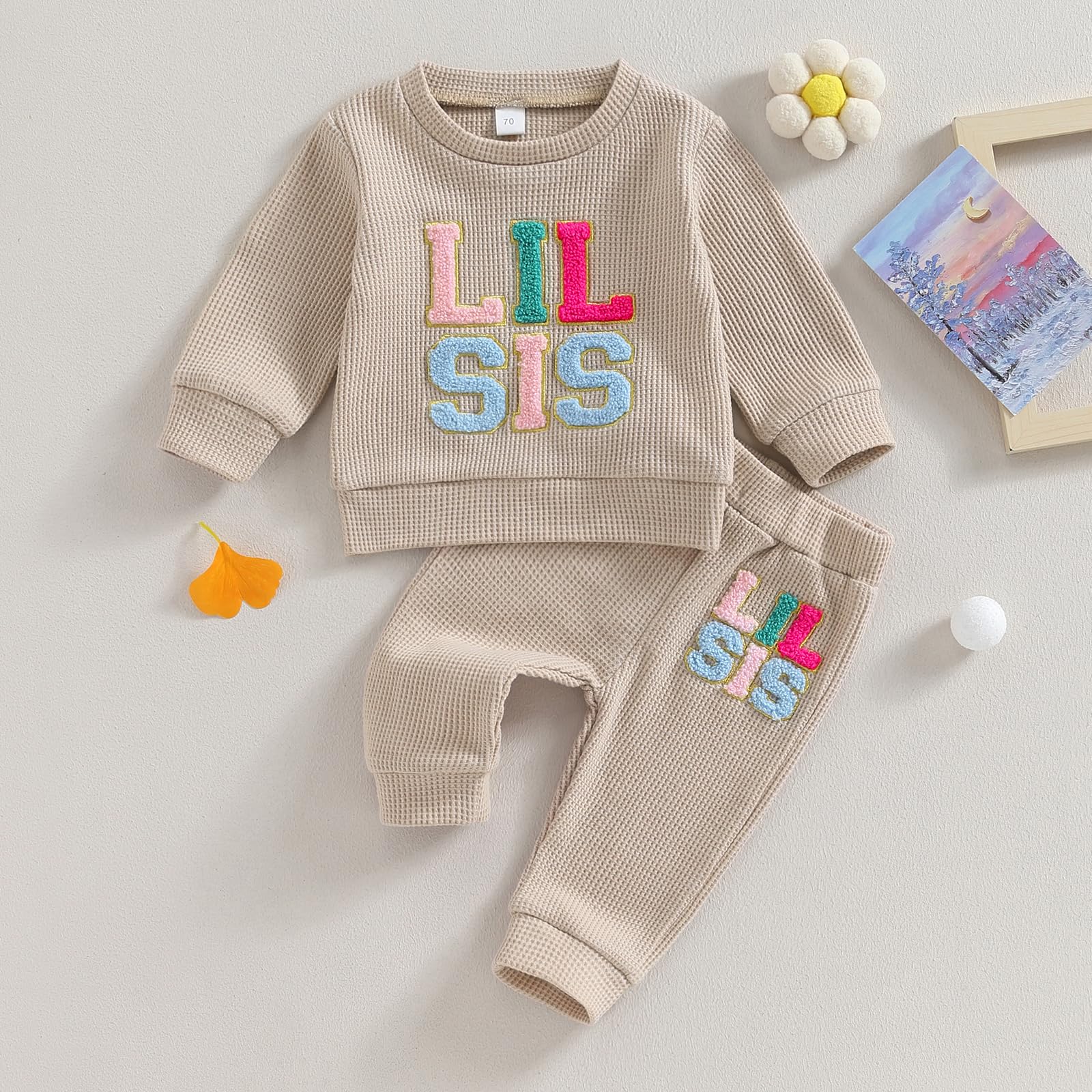 Big Sister Little Sister Matching Outfits - Baby Girls Waffle Long Sleeve Sweatshirt & Pants Set - Toddler Clothes for Twins, Siblings & Family Photos - Soft & Cozy Winter Outfit for Playdates & Holidays