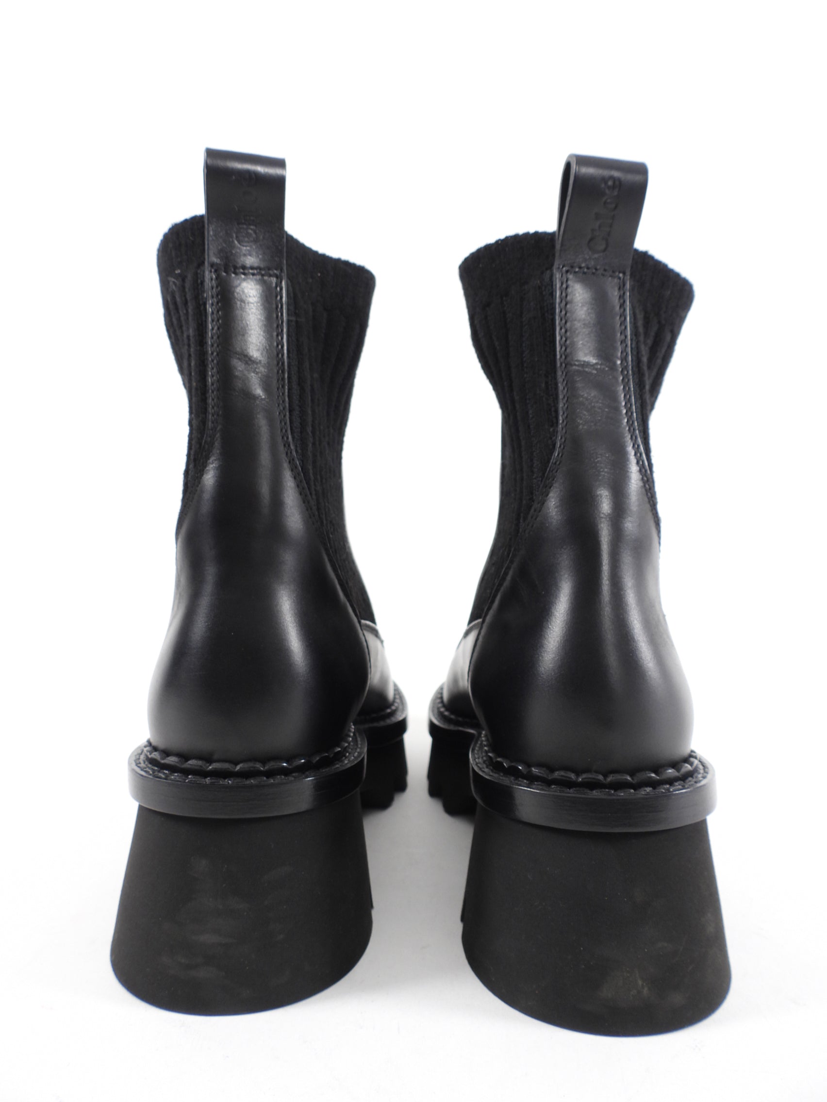 Chloe Owena Black Leather Track Sole Ankle Boots Size 37 - Stylish Women's Chunky Heel Booties for Fall & Winter Fashion, Casual Outfits and Night Out