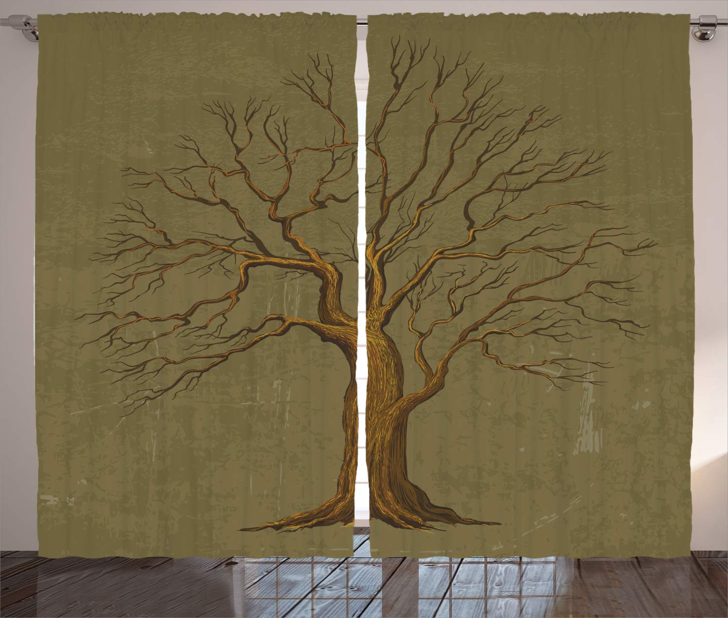 Ambesonne Vintage Tree Curtains - Antique Paper Style Big Tree Art Print, Olive Green Window Drapes (108