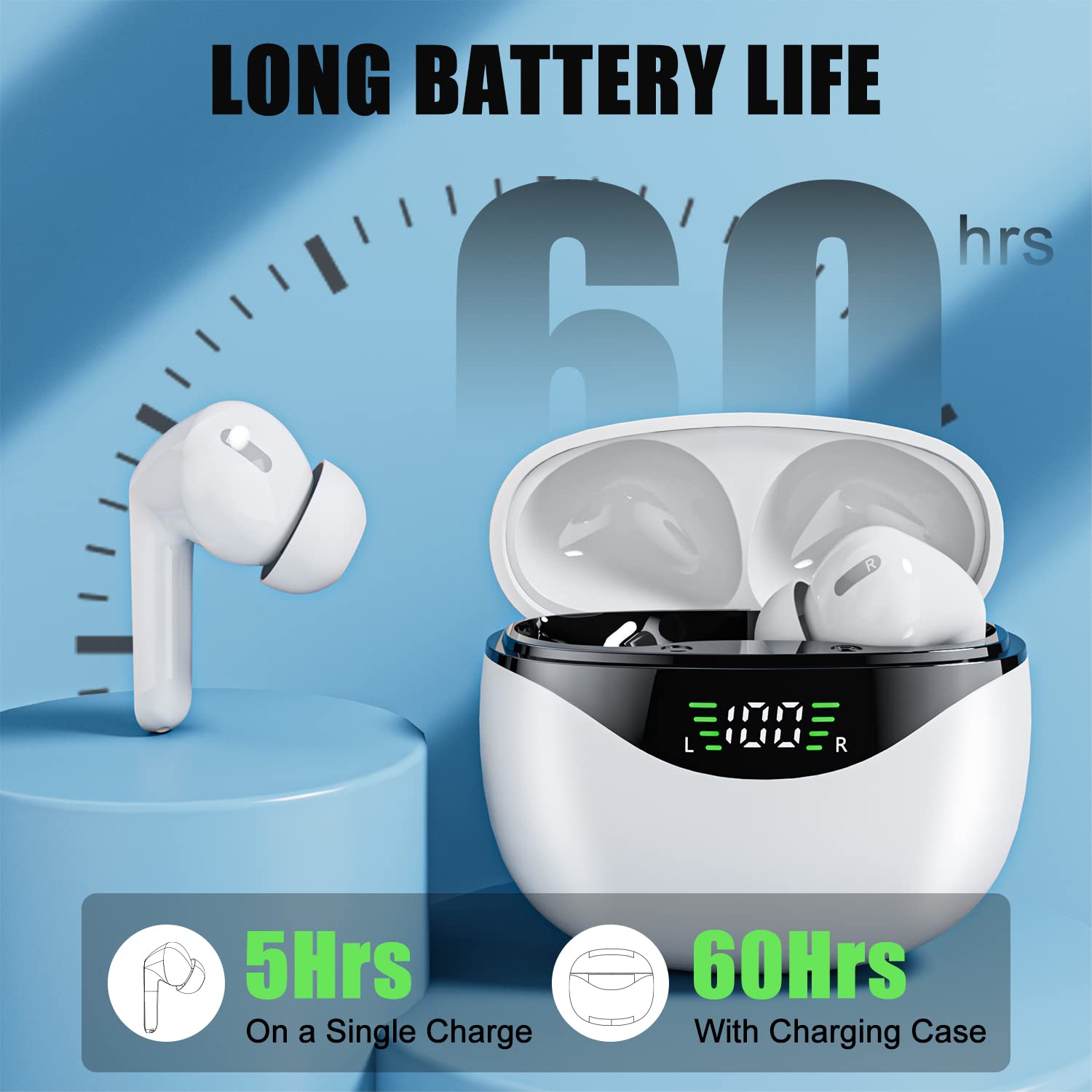 Premium True Wireless Earbuds Bluetooth 5.3 with Active Noise Cancelling, IPX7 Waterproof Stereo Earphones with Built-in Mic, Touch Control & Deep Bass for iPhone Android - Perfect for Workouts, Commuting & Travel (Ivory)