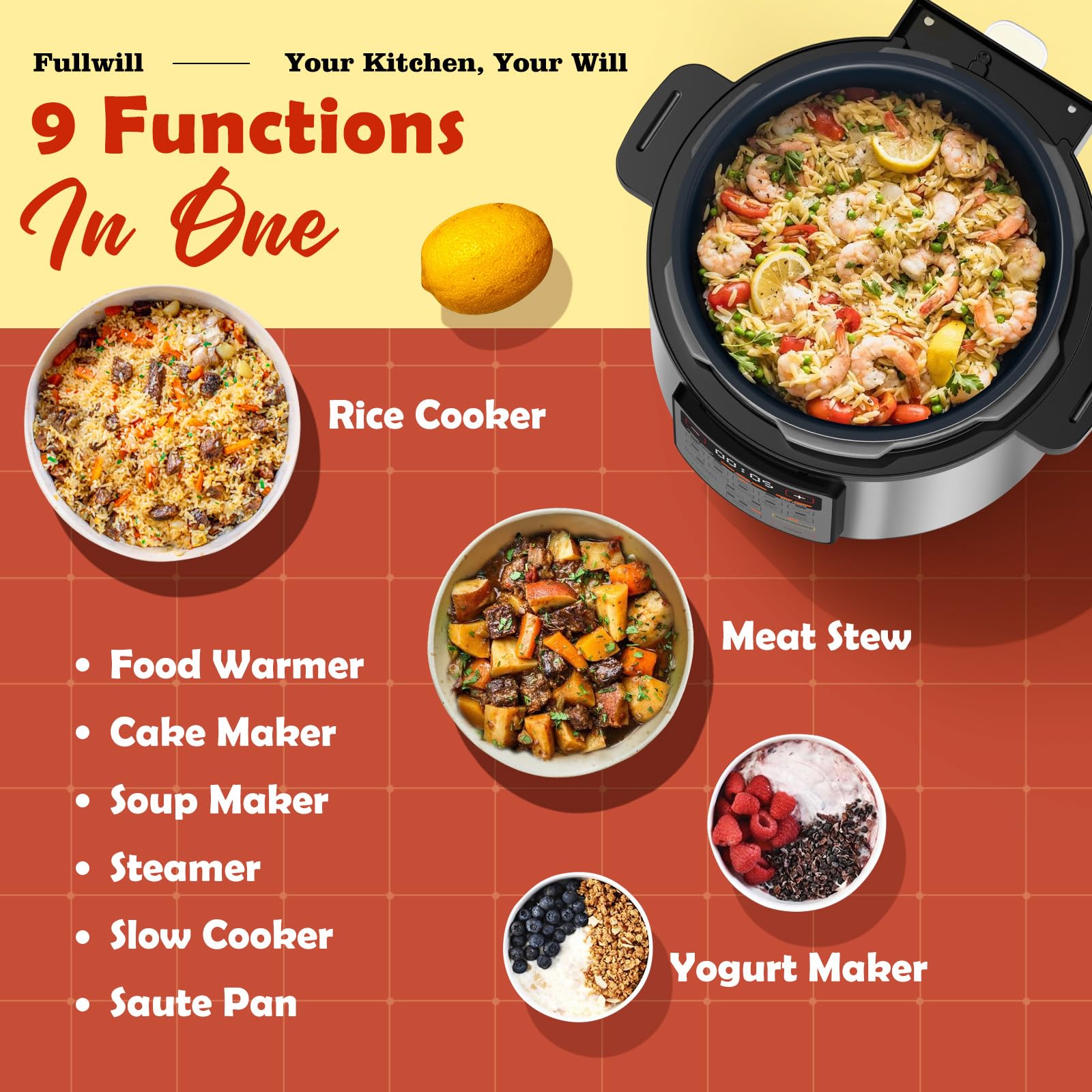 Fullwill 6qt Electric Pressure Cooker - 9-in-1 Multi-Cooker with Slow Cook, Rice Cook, Yogurt Maker, Cake Baking, Sauté, Steam & Food Warmer Functions | Perfect for Meal Prep, Family Dinners & Healthy Cooking