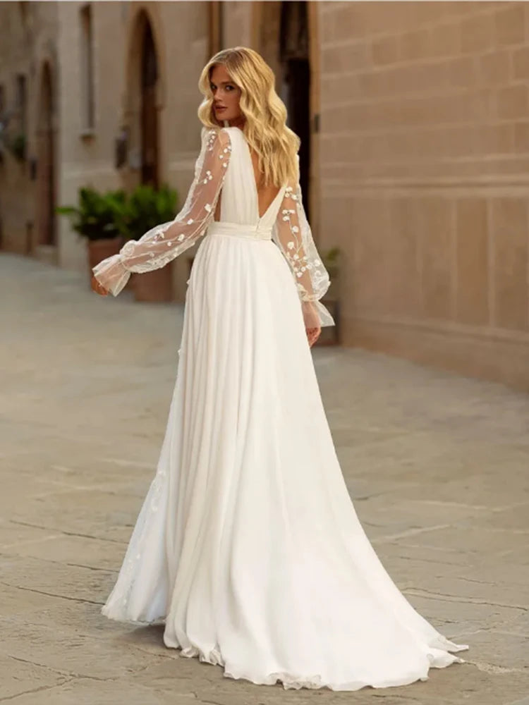 Elegant Deep V Neck Long Sleeve Backless Wedding Dress with Appliques - A-Line Sweep Train Bridal Gown for Romantic Ceremony & Formal Reception