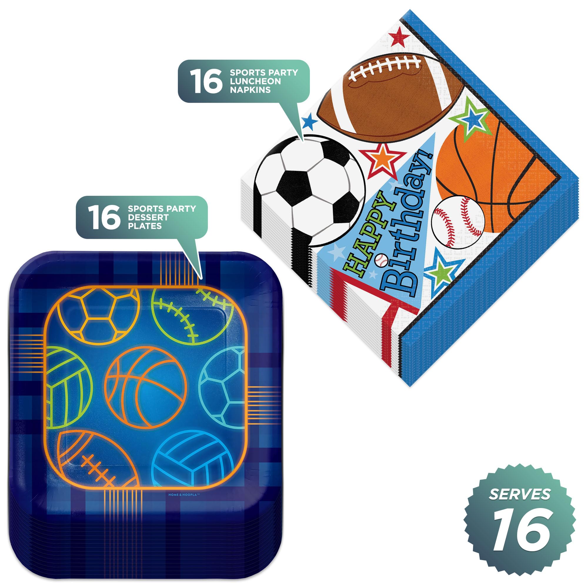 Sports Theme Party Supplies - 16-Pack Multi-Sport Birthday Paper Plates & Napkins for Football, Baseball, Basketball, Soccer - Perfect for Kids' Birthday Parties, Game Day Celebrations & Sports-Themed Events