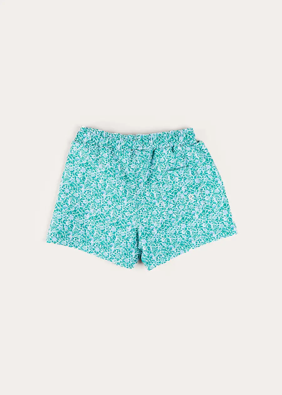 Adelaide Floral Tie Detail Swim Shorts for Boys & Girls (2-10 Years) - Green Beachwear for Summer Vacation & Pool Party