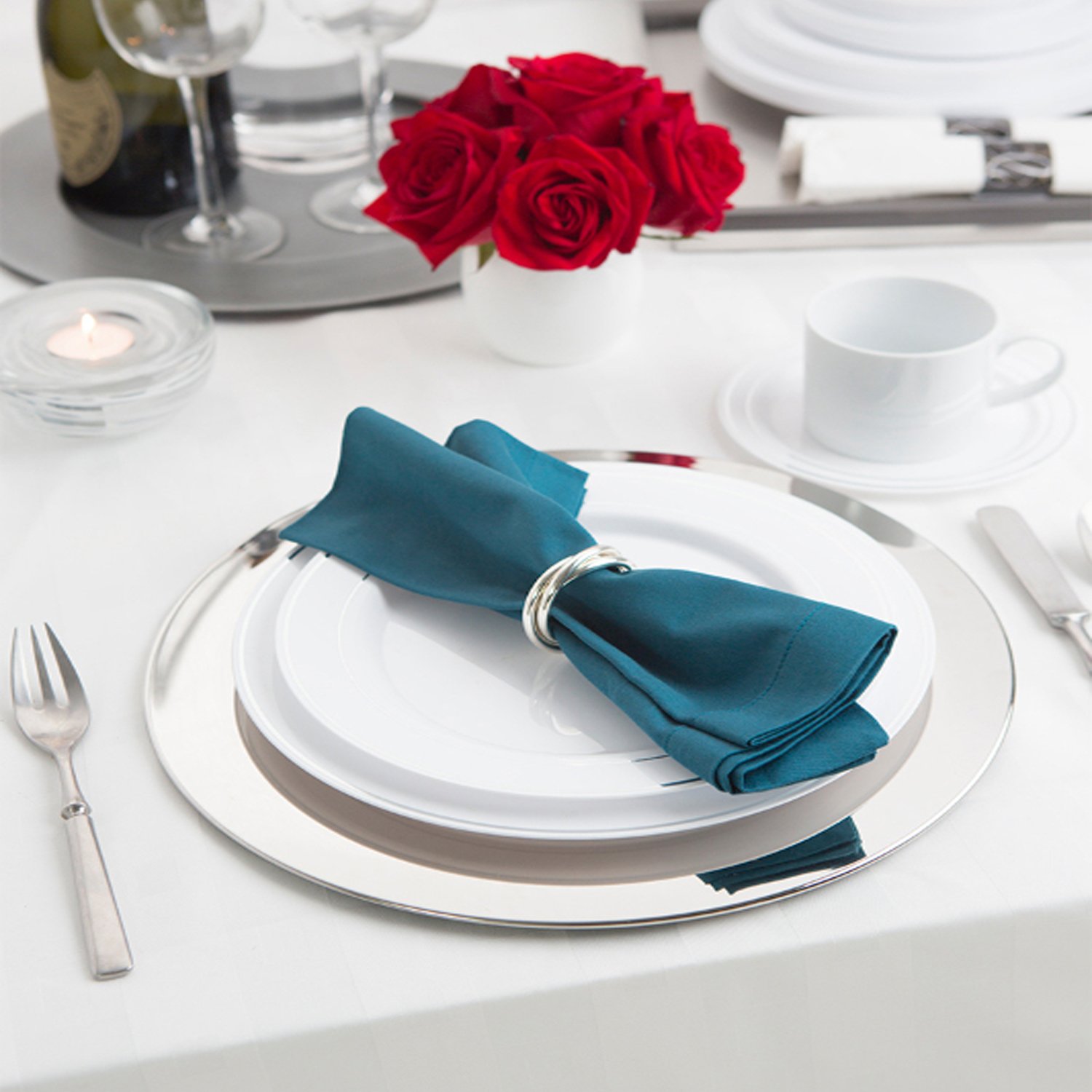 Divine White Plastic Plates with Silver Rim - 10 Inch Disposable Dinner Plates (Pack of 240) - Perfect for Weddings, Parties, and Special Events