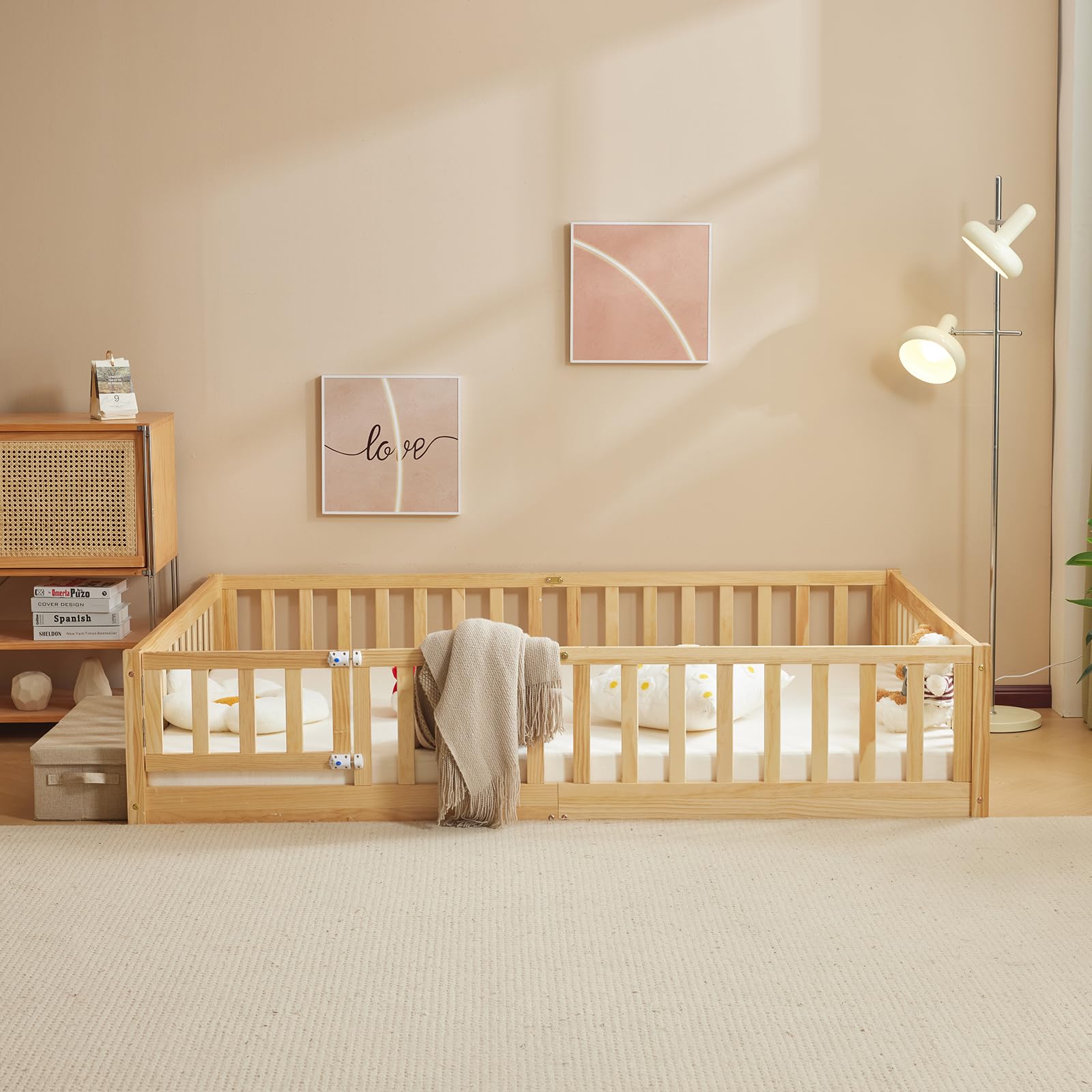 Montessori Toddler Floor Bed with Door & Safety Fence - Solid Wood Queen Size Kids Bed Frame with 12 Slats & Guardrails for Boys & Girls (Natural) - Perfect for Montessori Bedrooms, Safe Sleep Training & Child Independence Development