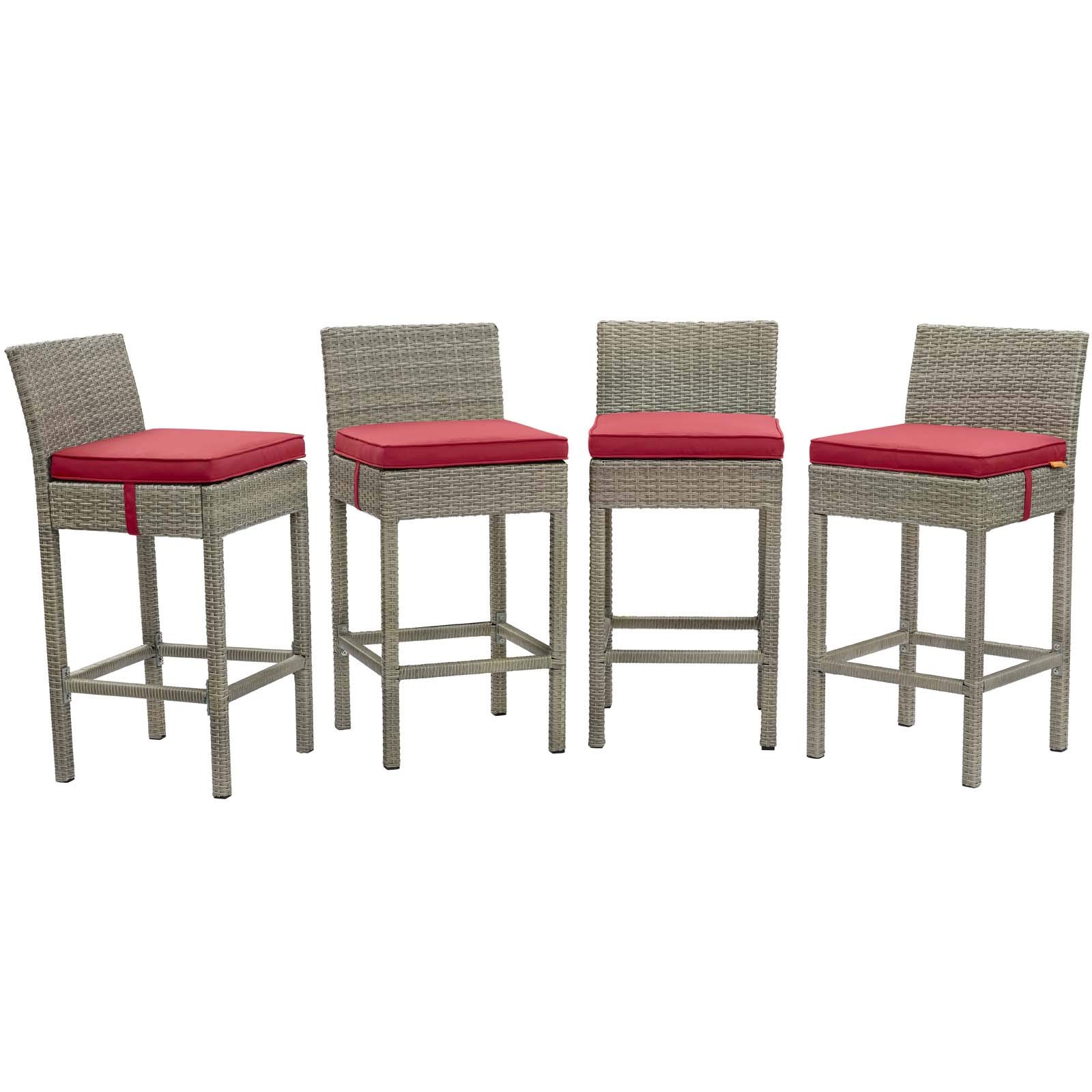 Modway EEI-3602-LGR-RED Outdoor Patio Bar Stools Set of 4 - Light Gray & Red Wicker Rattan Bar Height Stools for Backyard, Poolside & Restaurant Seating