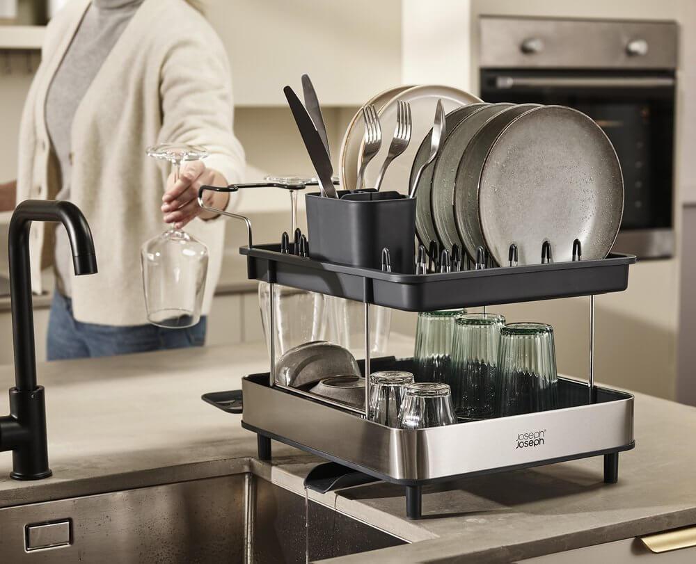 Joseph Joseph Excel Steel 2-Tier Dish Rack - Space Saving Kitchen Organizer for Drying Dishes, Cups & Utensils | Perfect for Small Kitchens & Countertops