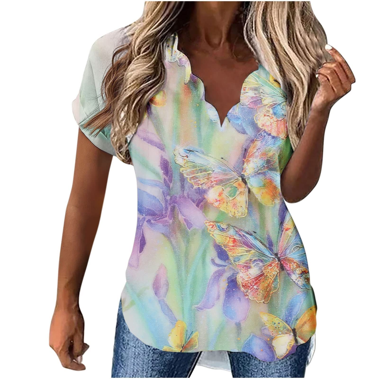 Plus Size Women's Loose Fit Color Block V-Neck T-Shirts - Trendy Printed Short Sleeve Blouses for Casual Wear, Work & Summer Outfits