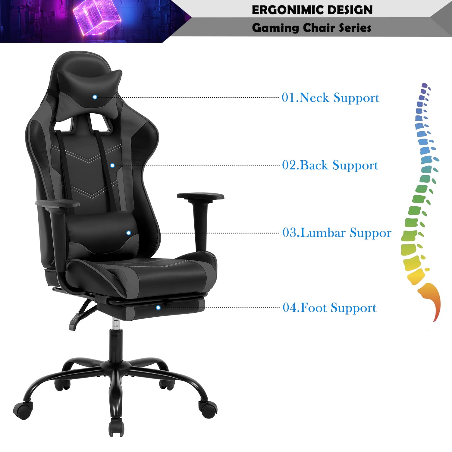 Ergonomic PC Gaming Chair - High Back PU Leather Racing Office Chair with Adjustable Lumbar Support & Headrest, Swivel Rolling Task Chair for Adults & Teens - Perfect for Gaming, Streaming & Home Office (Grey)