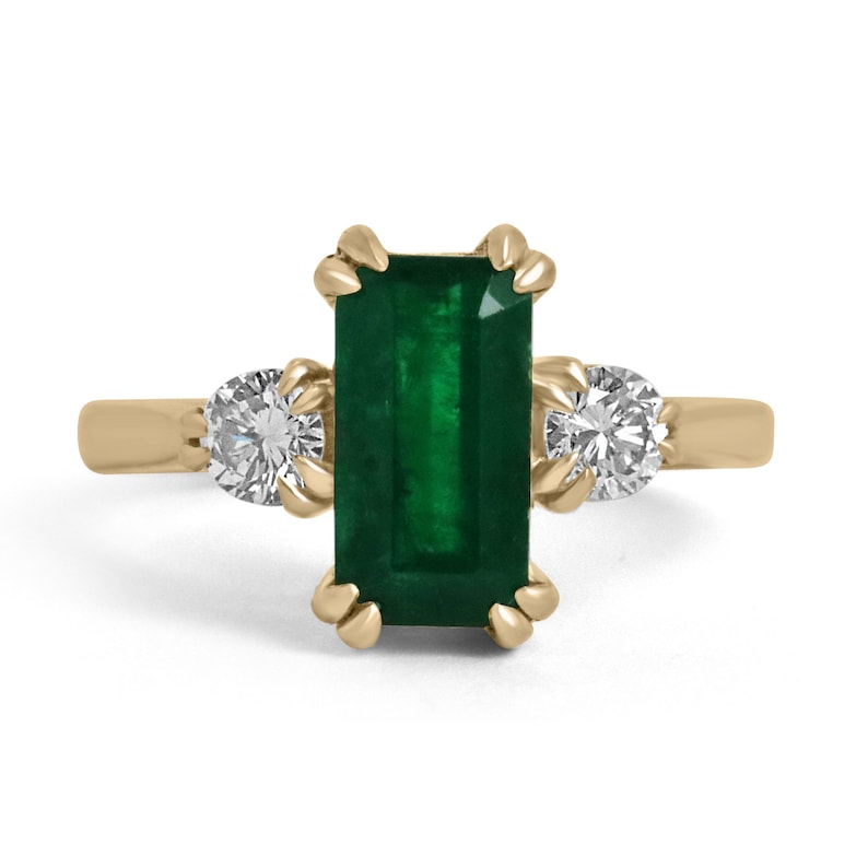 2.78tcw 18K Gold Natural Emerald Cut & Brilliant Round Diamond Three Stone Ring - Deep Dark Alpine Green Gemstone Jewelry for Engagement, Wedding & Anniversary Gifts
