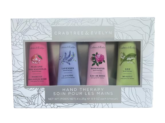 Crabtree & Evelyn 4-Piece Hand Therapy Gift Set - Rosewater, Lavender, Lily & Pink Magnolia Moisturizing Hand Creams (0.9 oz each) | Perfect for Dry Skin Care, Spa Treatments & Luxury Gifts for Women