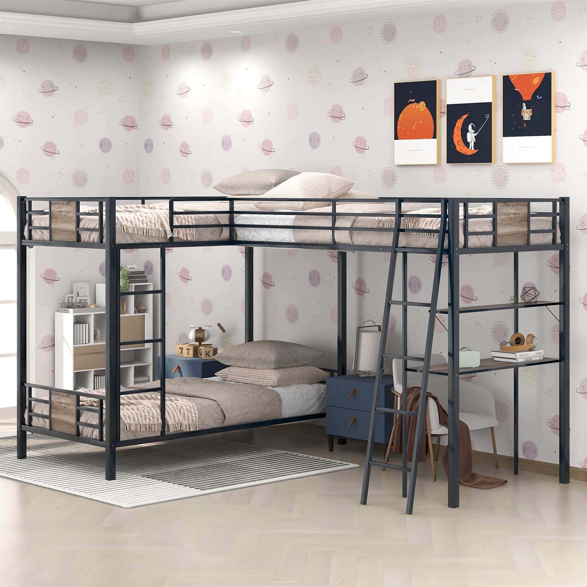 Harper & Bright Designs Metal Triple Bunk Bed with Desk - L-Shaped Twin Bunk Bed & High Loft Bed with Storage Shelves | Space-Saving 3-in-1 Bunk Bed for Kids & Teens (Boys & Girls) in Brown | Perfect for Small Bedrooms, Shared Kids Rooms & Vacation Homes