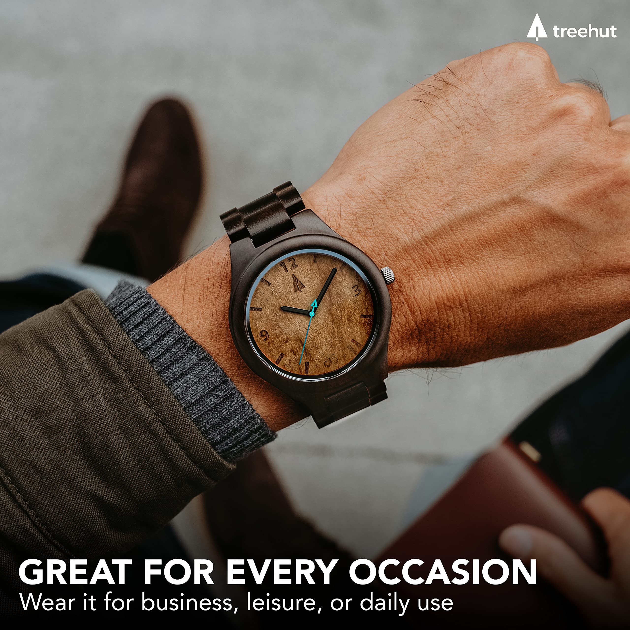 Treehut Ebony Wood Watches for Men - Japanese Quartz Movement, Stainless Steel Buckle & Adjustable Straps - Stylish Exotic Wooden Wristwatch - Perfect for Casual Wear, Outdoor Adventures & Business Meetings