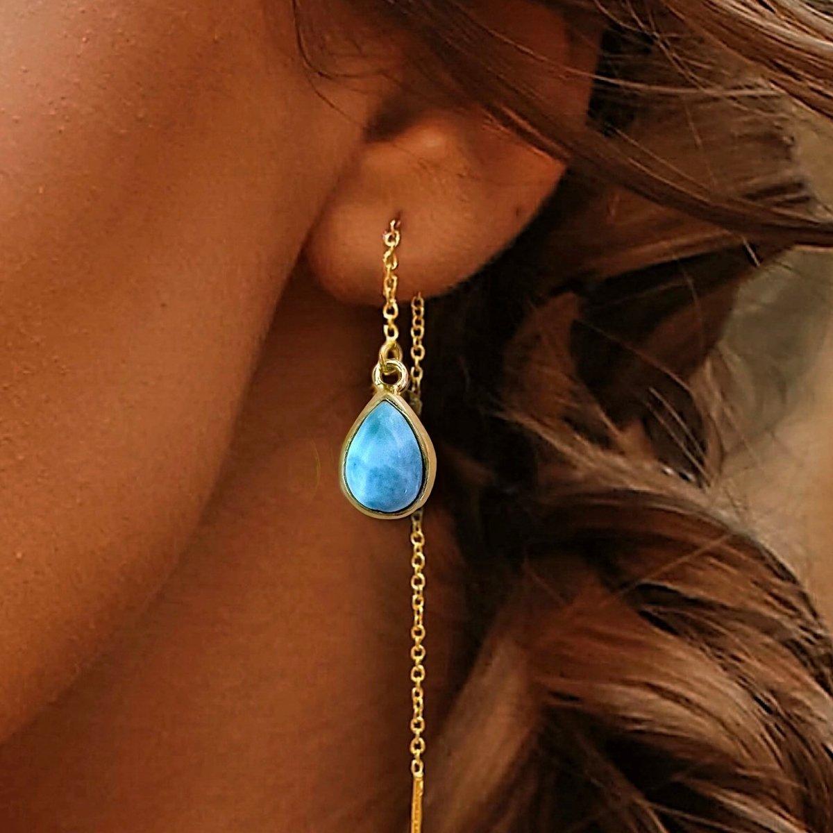 Laihas Classic Chic Gold Larimar Threader Earrings - Elegant Dangle Jewelry for Women | Perfect for Parties, Weddings & Everyday Wear