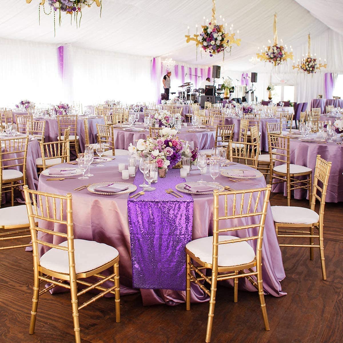 2 Pack Purple Glitter Sequin Table Runners 12x108 Inches - Elegant Fabric Table Decor for Baby Showers, Weddings, Graduation Parties, Birthdays, Mother's Day & Mardi Gras Celebrations - Perfect for Spring Decor & Festive Events