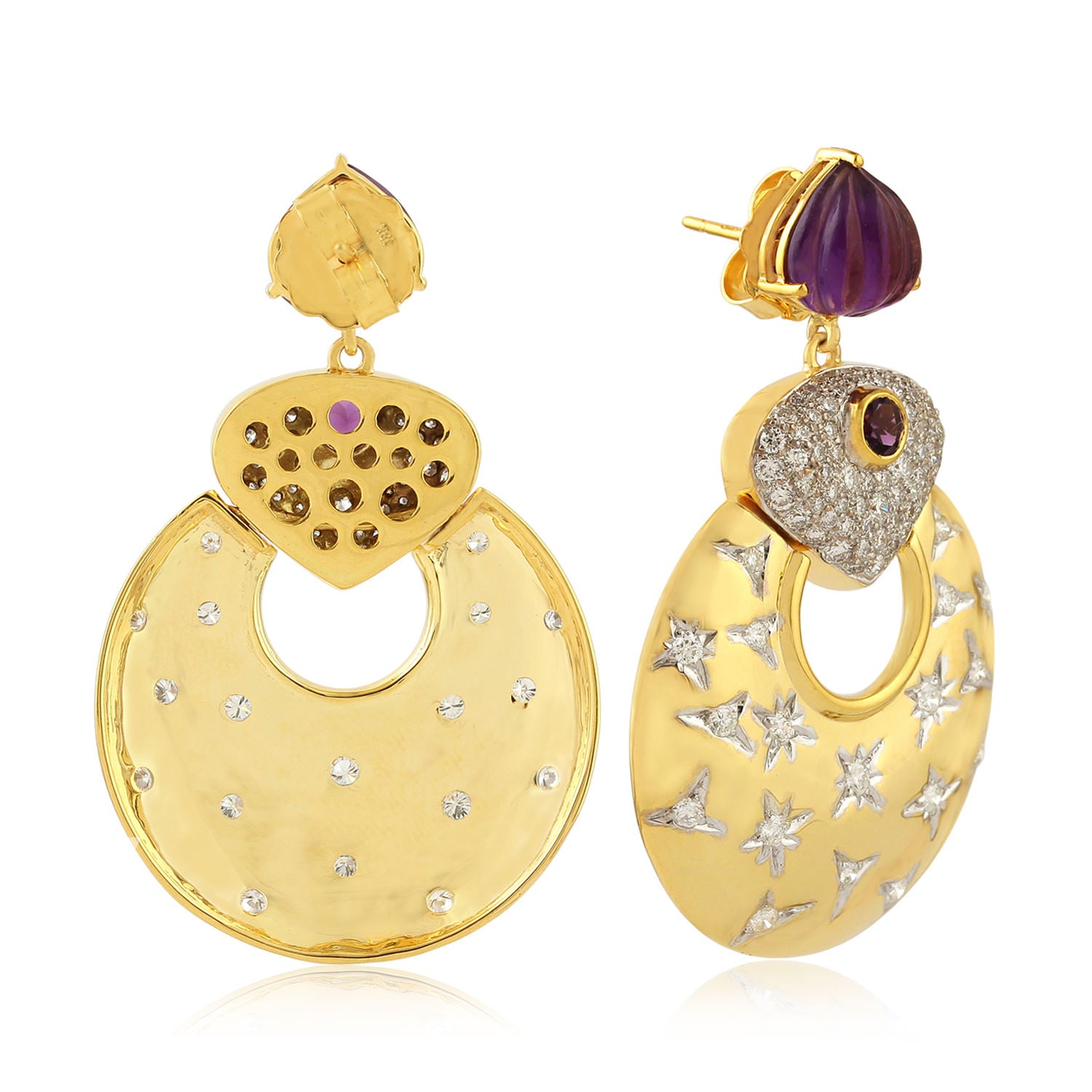18K Yellow Gold Amethyst Gemstone Pave Diamond Dangle Earrings for Women - Elegant Jewelry Gift for Birthday, Anniversary & Special Occasions