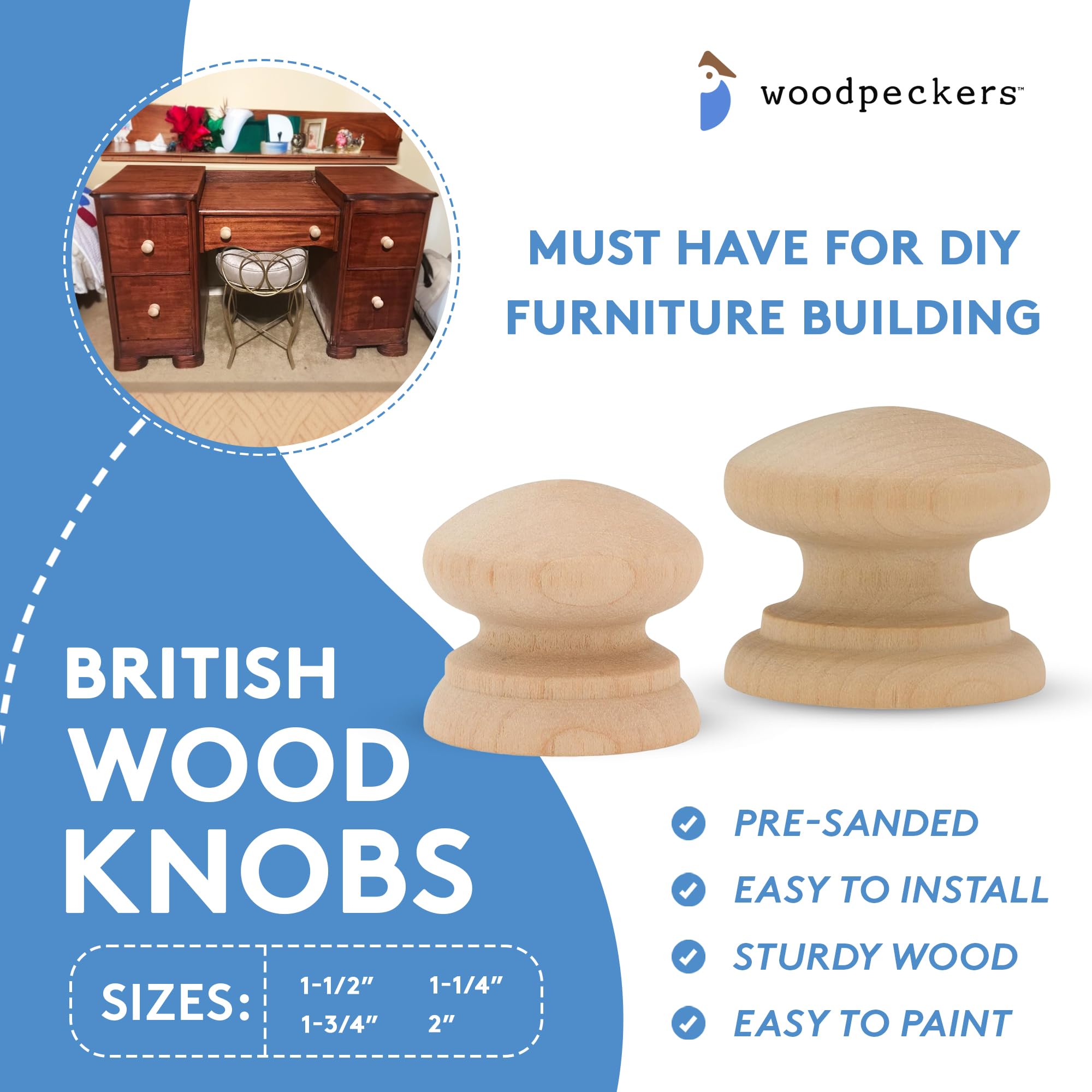 British Wood Knobs 1-1/4