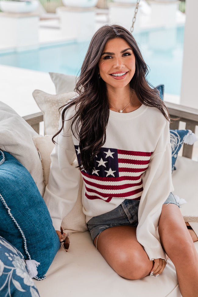 Patriotic Ivory Textured Flag Sweater - Cozy Knit Pullover for Men & Women | Perfect for 4th of July, Veterans Day & Casual Outings