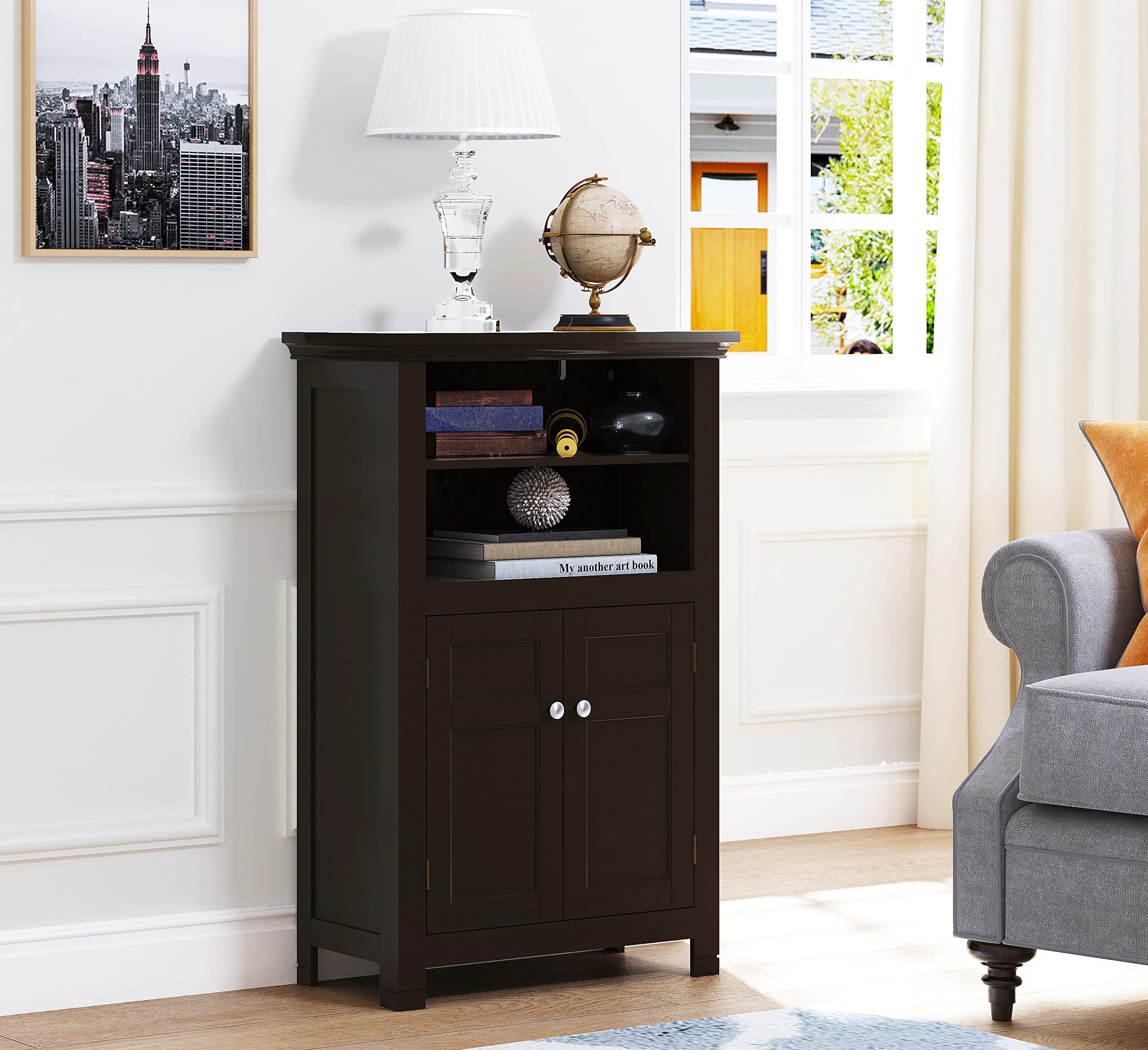 Spirich Bathroom Storage Cabinet - Freestanding Wood Floor Cabinet with Doors & Adjustable Shelves, Entryway Organizer (Espresso) - Perfect for Bathroom, Bedroom, Living Room & Hallway Storage Solutions
