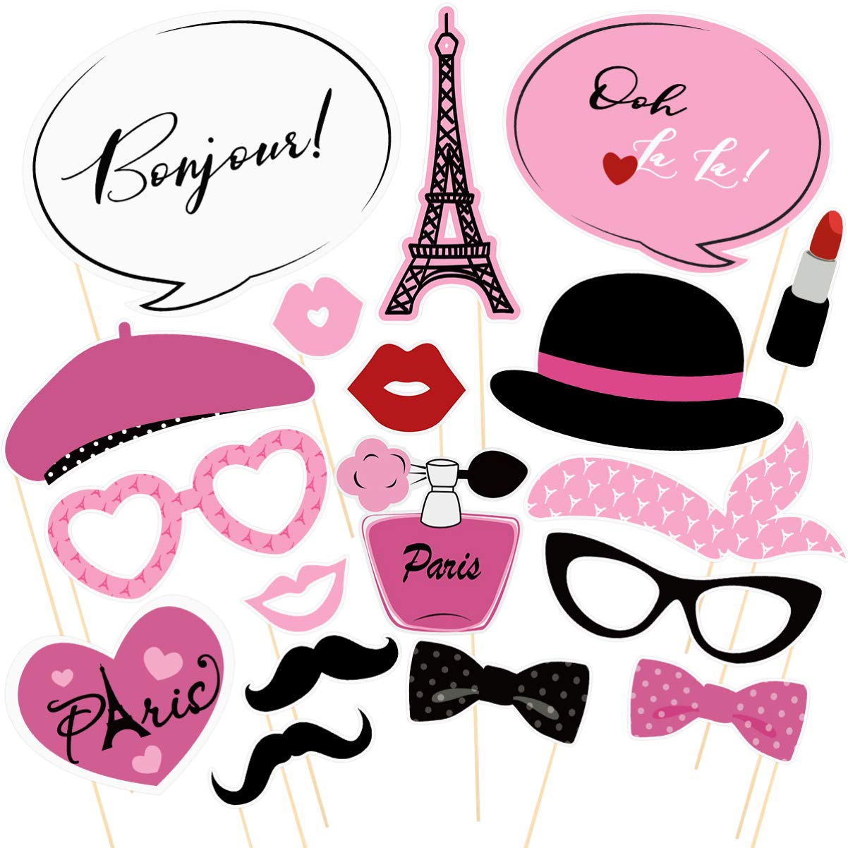 KESYOO Paris Themed Photo Booth Props Kit - 18PCS French Ooh La La Party Supplies for Parisian Birthday, Bridal Shower & Bachelorette Party Decorations