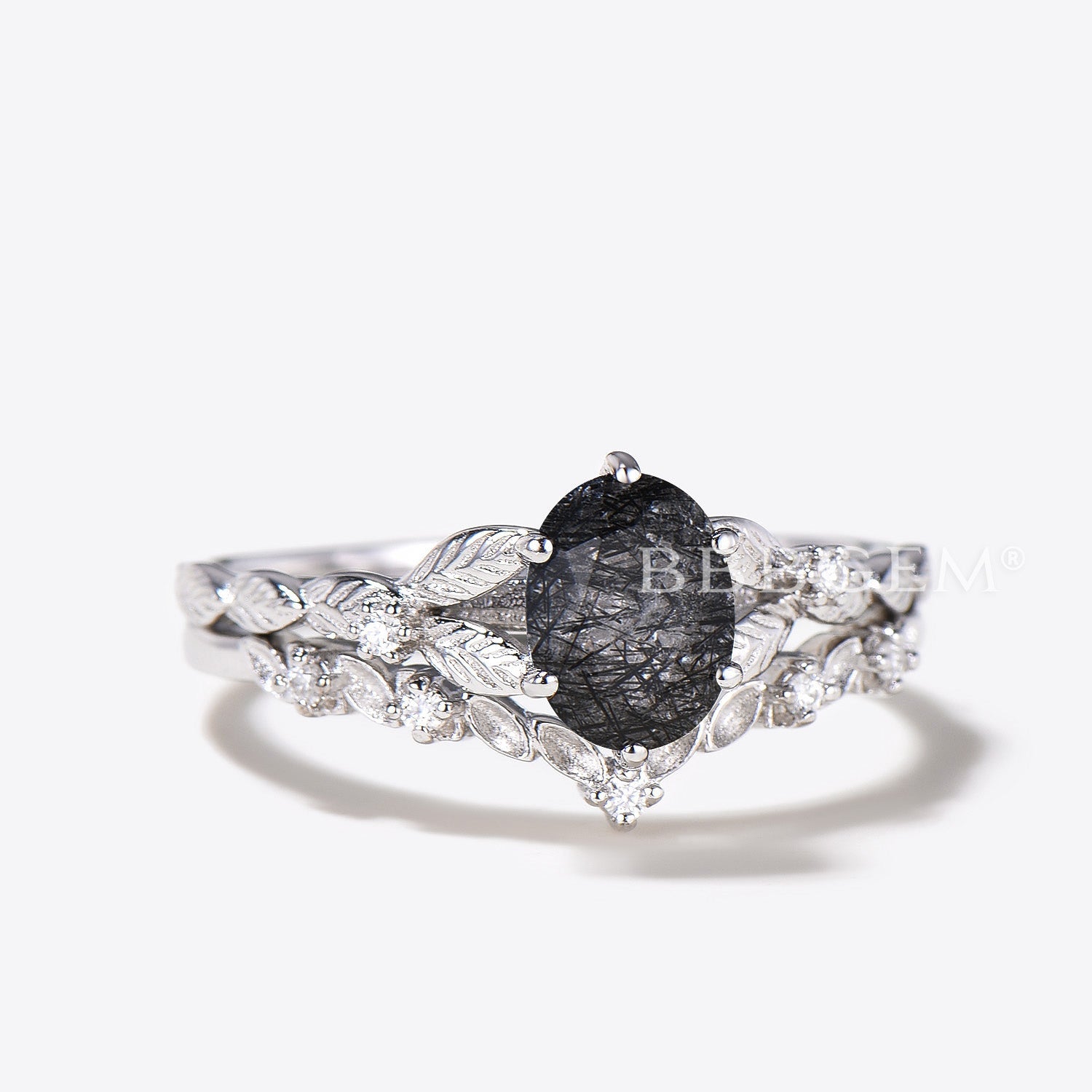 Oval Black Tourmaline & Rutilated Quartz Engagement Ring Set - Nature Inspired V-Shaped Leaf Design with Diamond Accents in Rose Gold - Perfect for Weddings, Anniversaries & Romantic Gifts