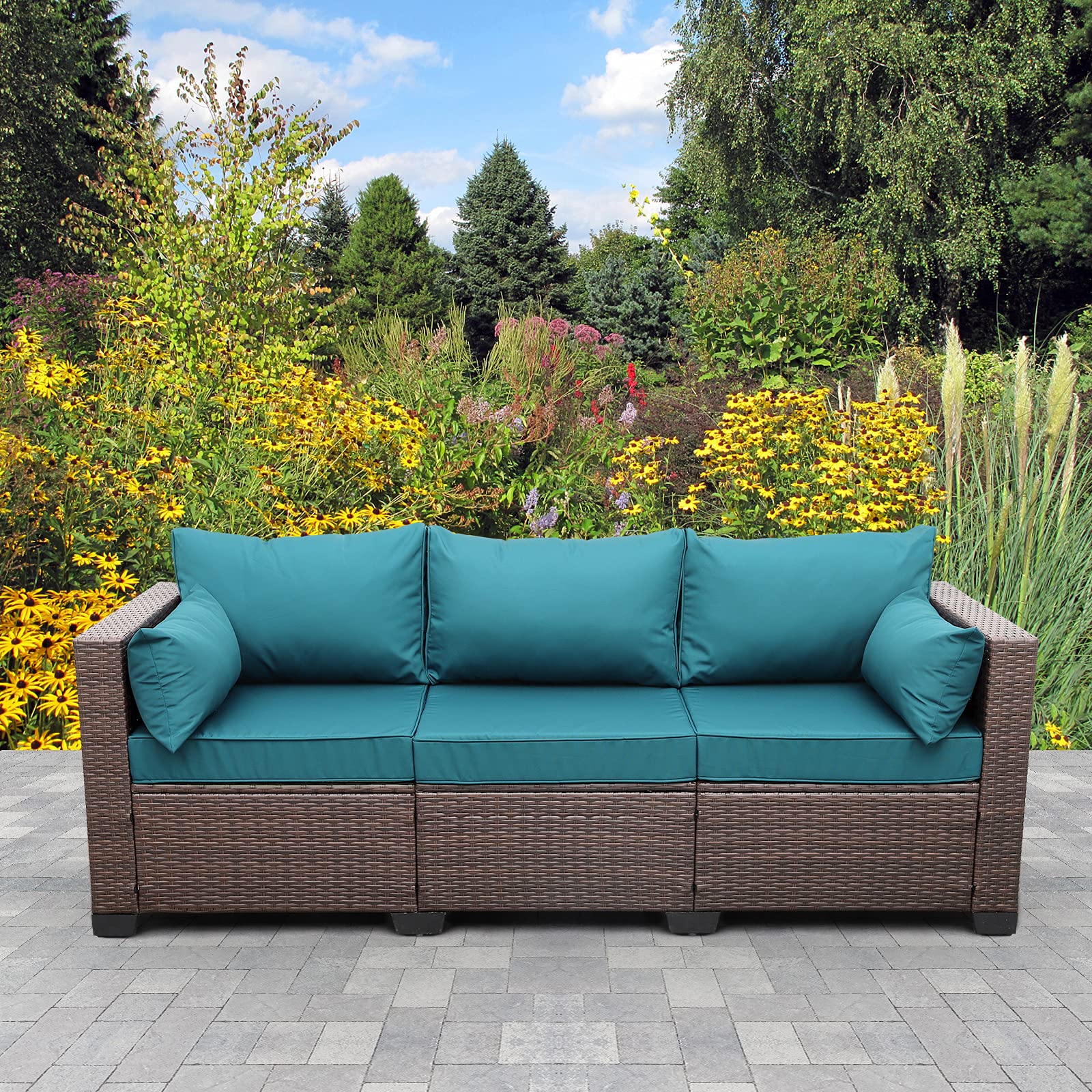 WAROOM 3-Seat Outdoor Patio Sofa Set - PE Wicker Rattan Deep Seating Furniture with Non-Slip Peacock Blue Cushions, Brown - Perfect for Garden, Poolside & Backyard Relaxation