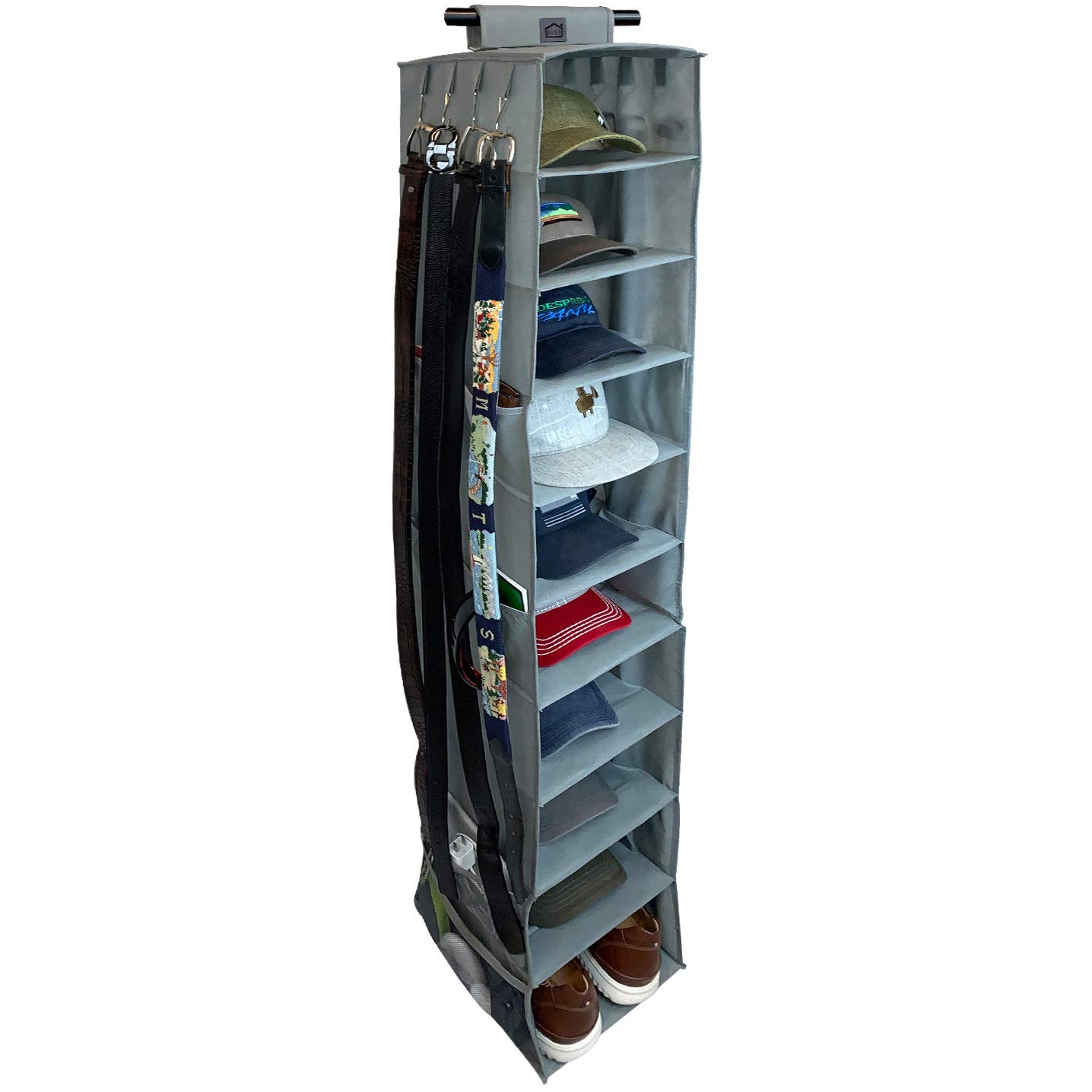 10-Shelf Hanging Closet Hat Organizer for Baseball Caps & Hats - Space-Saving Hat Rack with Tie & Belt Hooks - Perfect for Bedroom Closet, Entryway, or Dorm Organization
