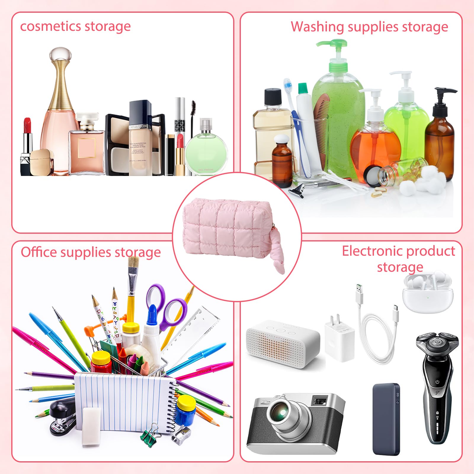 Quilted Pink Puffy Makeup Bag with Zipper - Cute Cosmetic Organizer for Travel & Purse | Waterproof Toiletry Pouch for Women | Perfect for Daily Use, Gym, Vacation & Gift Giving