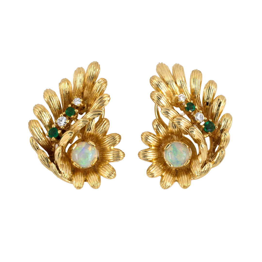 Exquisite Opal, Emerald & Diamond Floral Leaf Earrings for Women - Elegant Handmade Jewelry for Weddings, Parties & Special Occasions