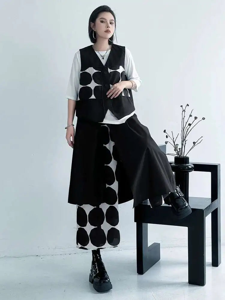 Plus Size Black Polka Dot Vest & Wide Leg Pants 2-Piece Set - Women's Fashion V-Neck Sleeveless Outfit for Spring/Fall 2025 | Office Wear, Casual Chic, Party Outfit