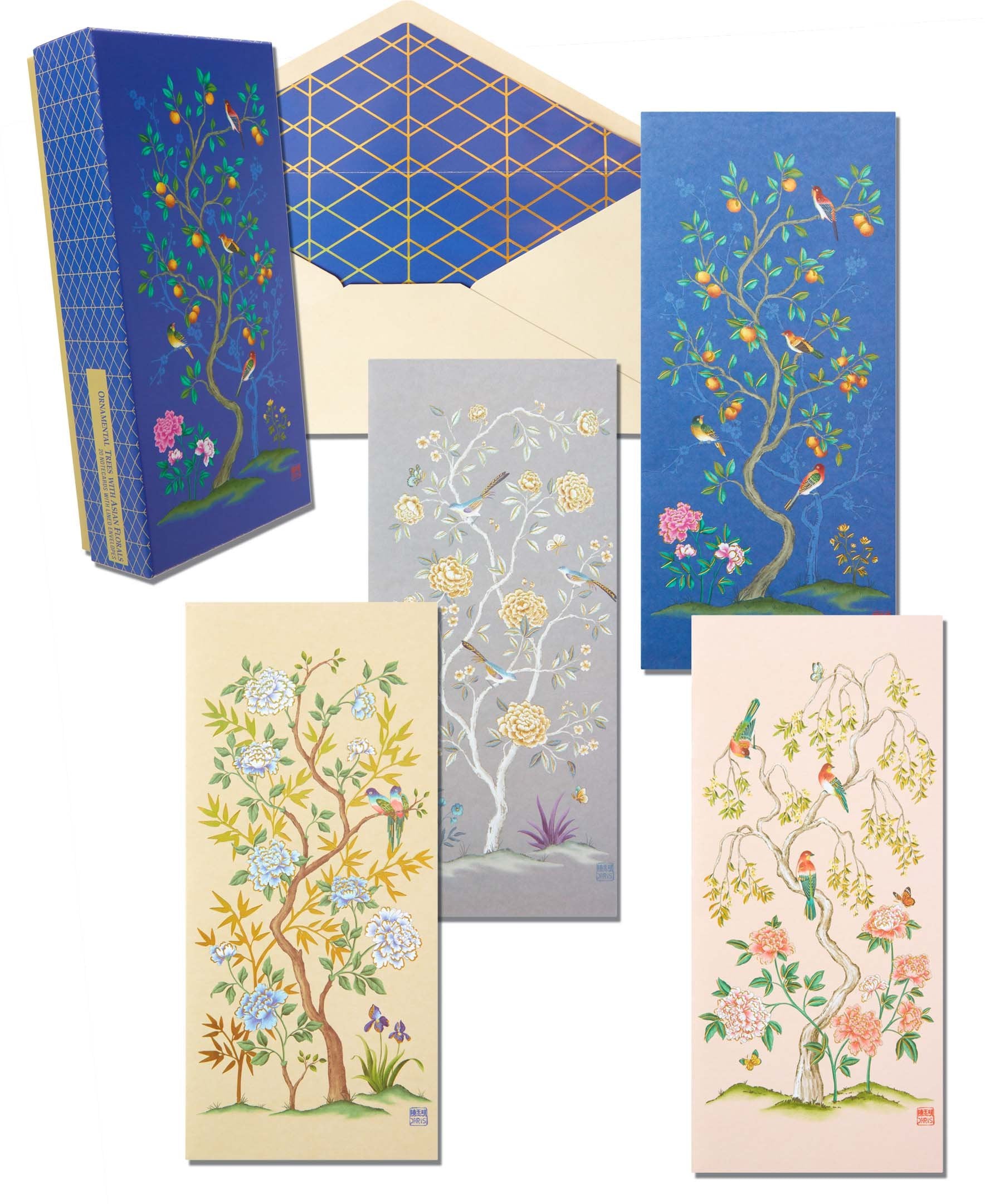 Asian Floral Boxed Notecards with Ornamental Tree Designs | Premium Stationery for Greeting Cards, Thank You Notes & Wedding Invitations