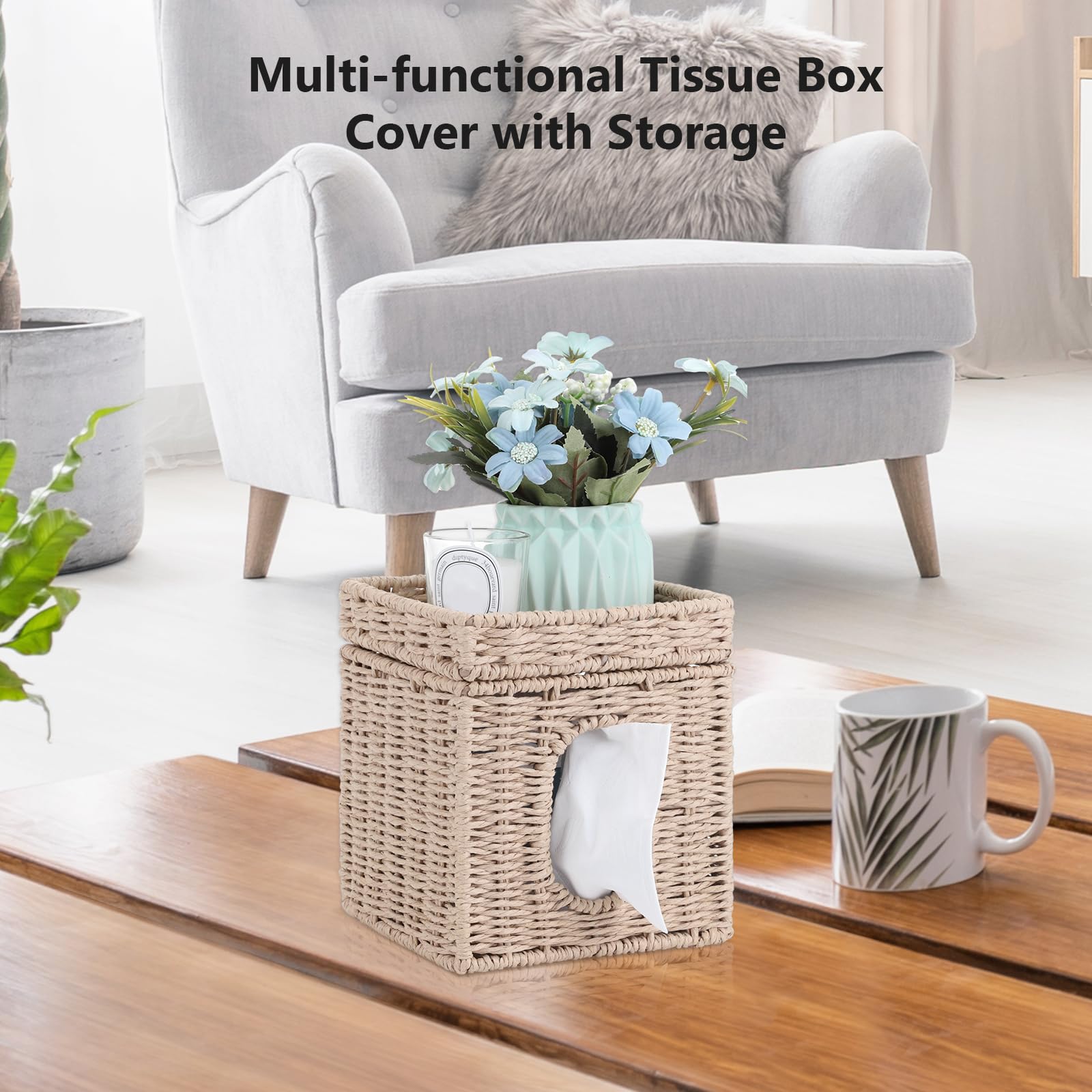 Premium Woven Tissue Box Cover with Storage Tray - 6