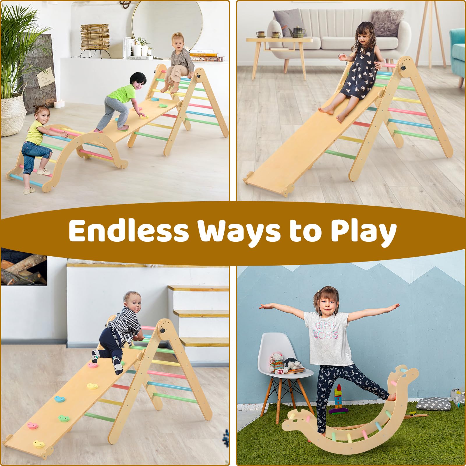 **7-in-1 Wooden Pikler Triangle Set for Toddlers – Montessori Foldable Climbing Gym with Arch, Ramp & Triangle – Indoor & Outdoor Play Equipment for Kids' Early Learning & Active Play**    *(Perfect for Home Playrooms, Daycares, Backyards & Montessori Classrooms – Encourages Motor Skills & Creative Play)*
