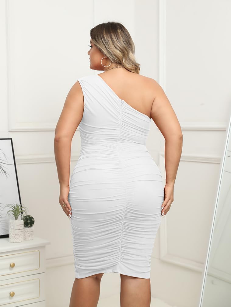 LAGSHIAN Women's Plus Size Sexy Bodycon Dress - One Shoulder Sleeveless Ruched Midi Party Dress for Night Out, Club Wear & Special Occasions