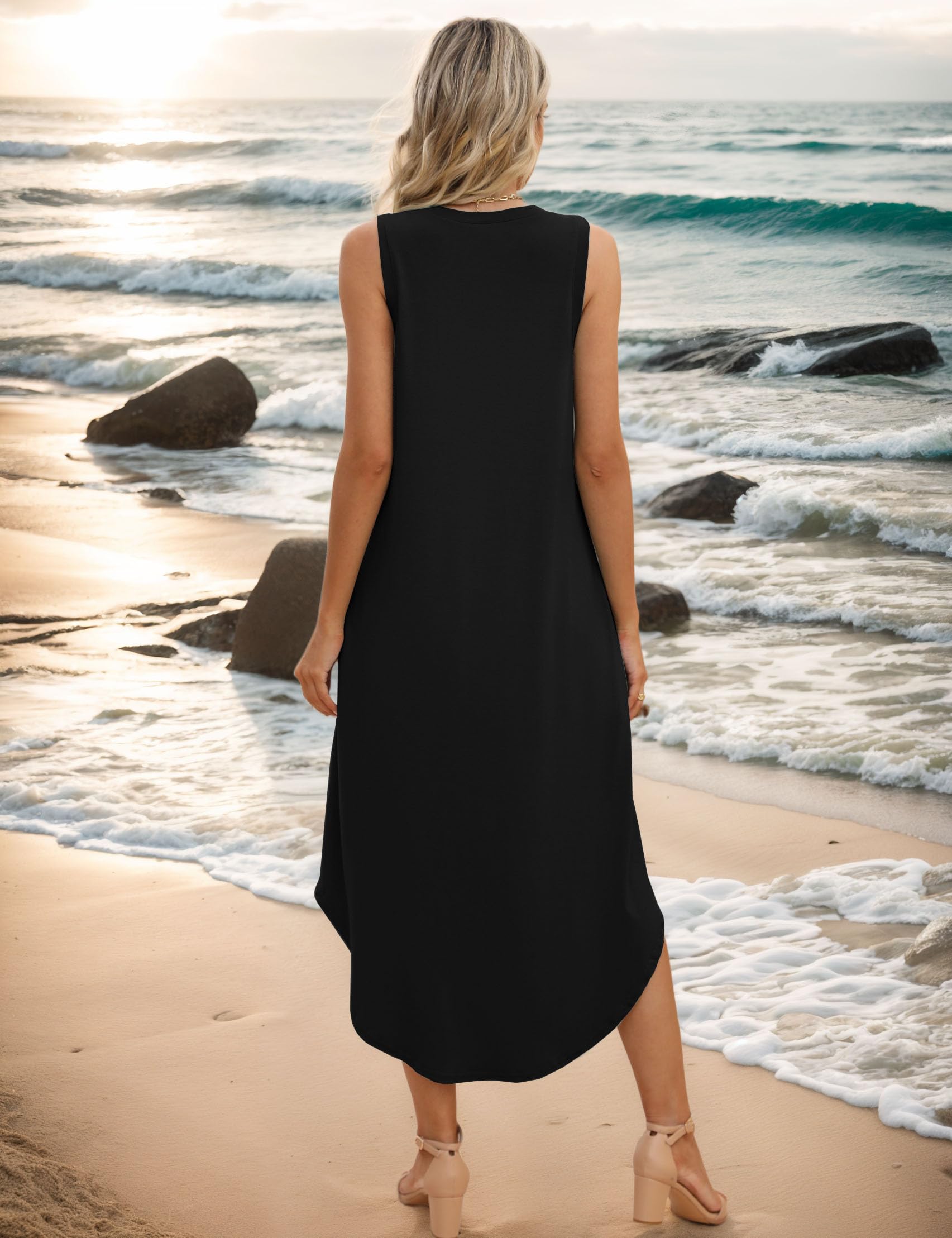 Women's Summer Maxi Dress - Casual Sleeveless V-Neck Loose Sundress with Pockets | Beach Cover Up, Vacation Outfit, Boho Chic Style