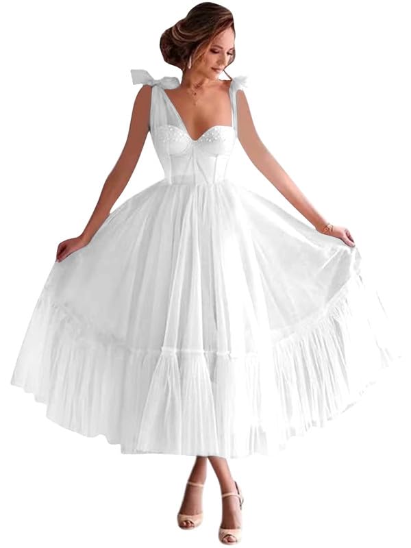 2024 Women's Tulle Beaded Prom Dress - Tea Length Homecoming Gown for Formal Dances, Weddings & Special Occasions