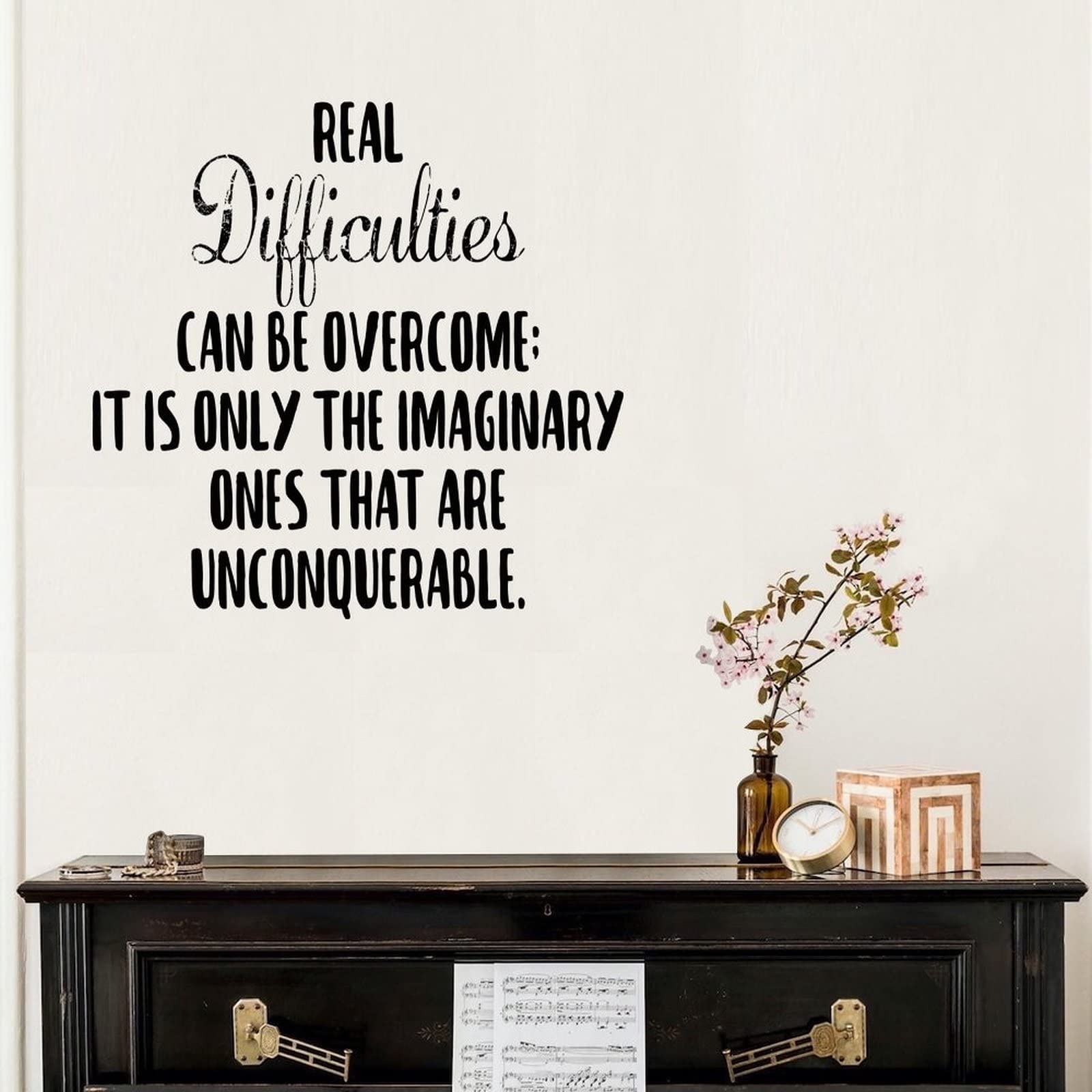 Vinyl Wall Quotes Stickers - Motivational Wall Decals for Home & Office - 'Real Difficulties Can Be Overcome' Inspirational Wall Art for Classroom, Living Room, Sofa & Tumbler Decor - Perfect for Home Decor, Office Motivation & School Inspiration
