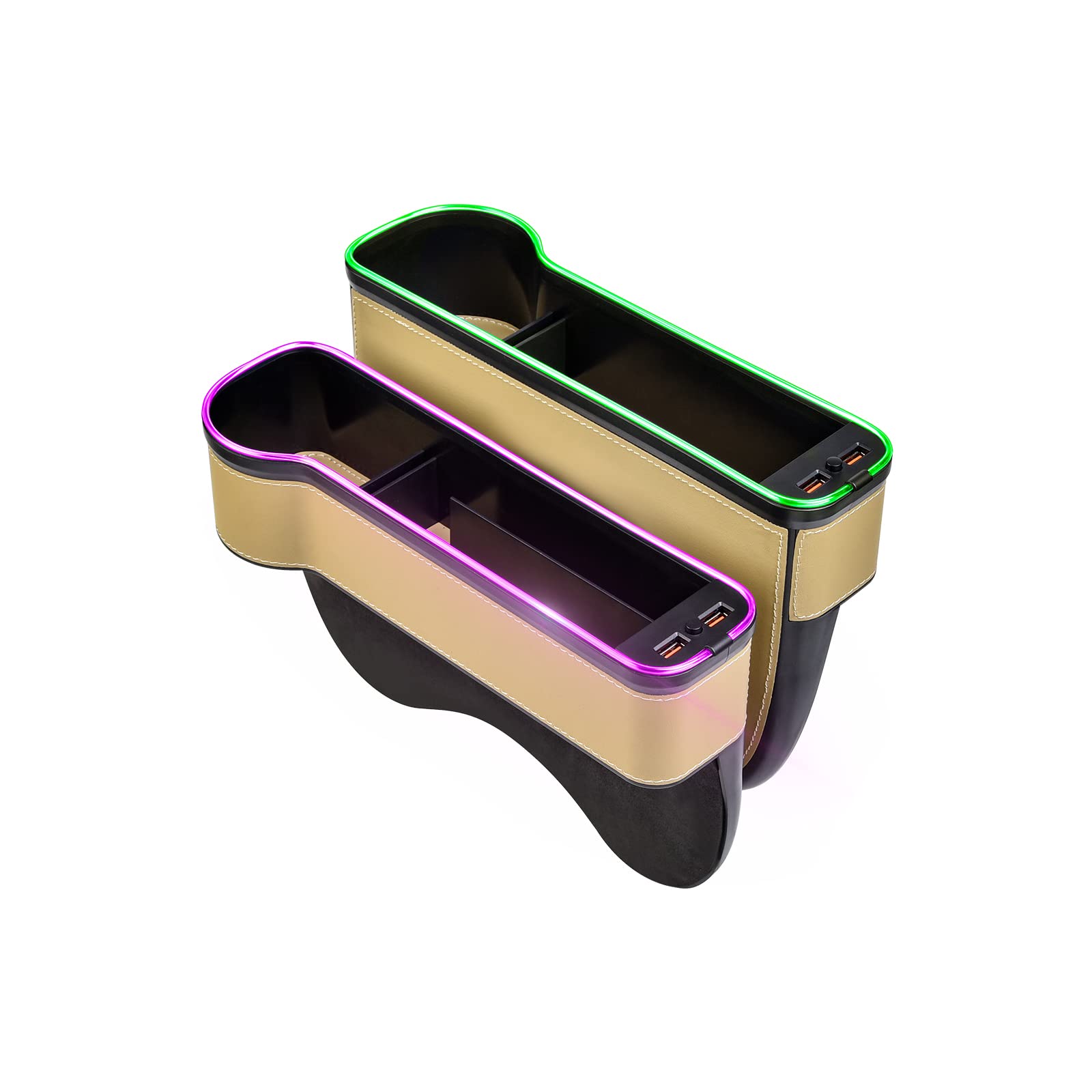 7 Color LED Car Seat Gap Organizer with 56W Fast Charger - Universal Car Storage Organizer & Front Seat Gap Filler with USB Cup Holder - Compatible with Android & iPhone - Perfect for Road Trips, Commuting & Daily Driving (Beige)