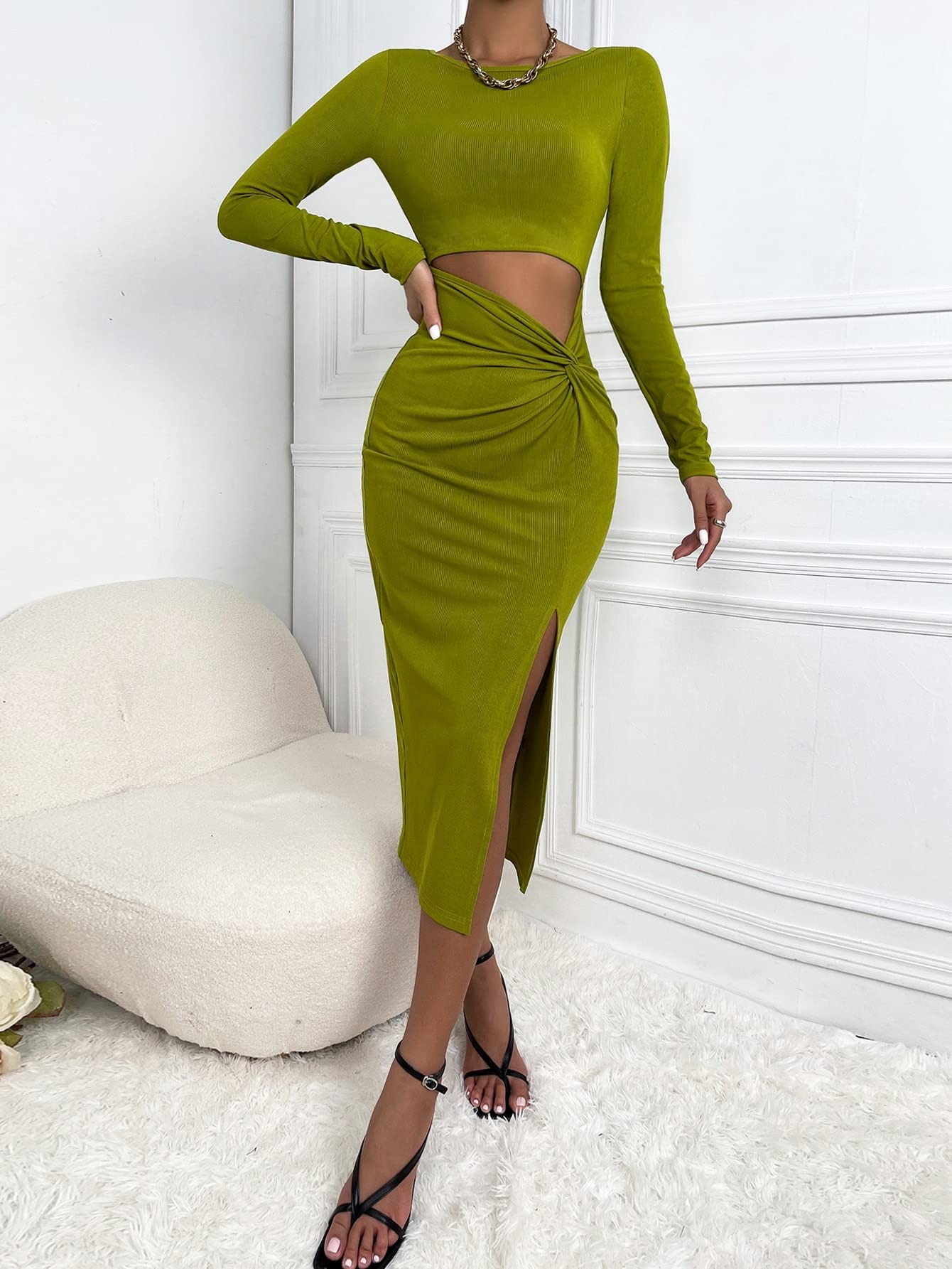 Women's Summer Long Sleeve Bodycon Dress with Cutout Front & Thigh Slit - Sexy Club Party Midi Dress for Night Out, Date Night & Special Occasions