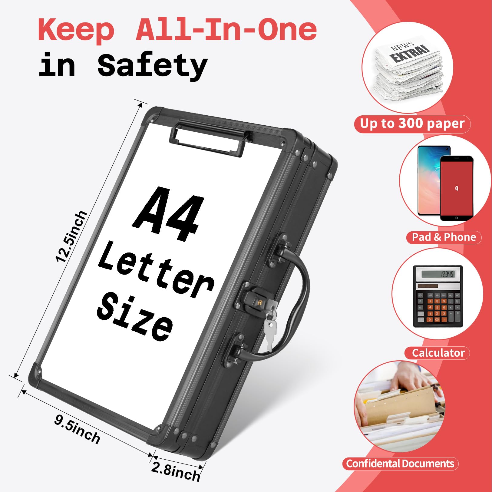 Sooez Heavy Duty Metal Locking Clipboard Storage Box with Handle - Secure Letter Size Paper Holder (12.6