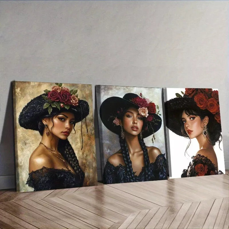 3-Piece Black Sombrero Woman Wall Art Set - Framed Canvas 50x70cm | High Quality Print | 100% Australian Made | Ready to Hang | Perfect for Living Room, Bedroom & Office Decor