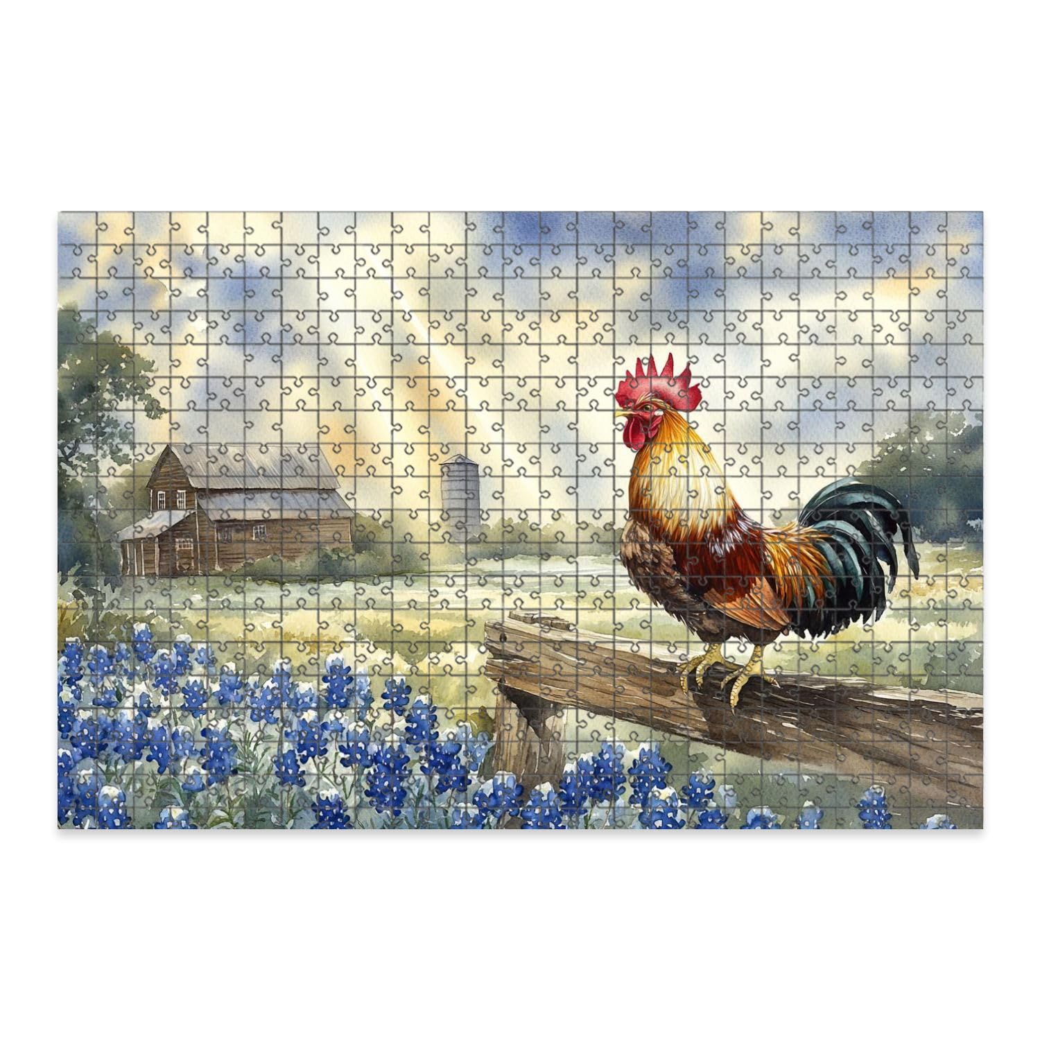 1000 Piece Jigsaw Puzzle for Adults & Kids - Texas Farm Scene with Rooster, Fence & Bluebonnets - Challenging Educational Family Puzzle (29.5