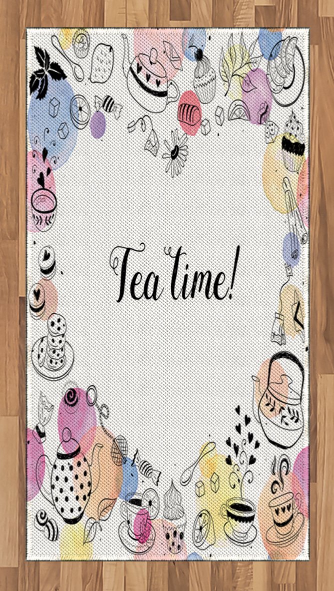 Ambesonne Tea Party Area Rug - Doodle Style Frame with Retro Tea Time Lettering, Cups & Sweets Design, Colorful Dots Non-Slip Flat Woven Rug for Living Room, Bedroom, Dining Room - 2'6