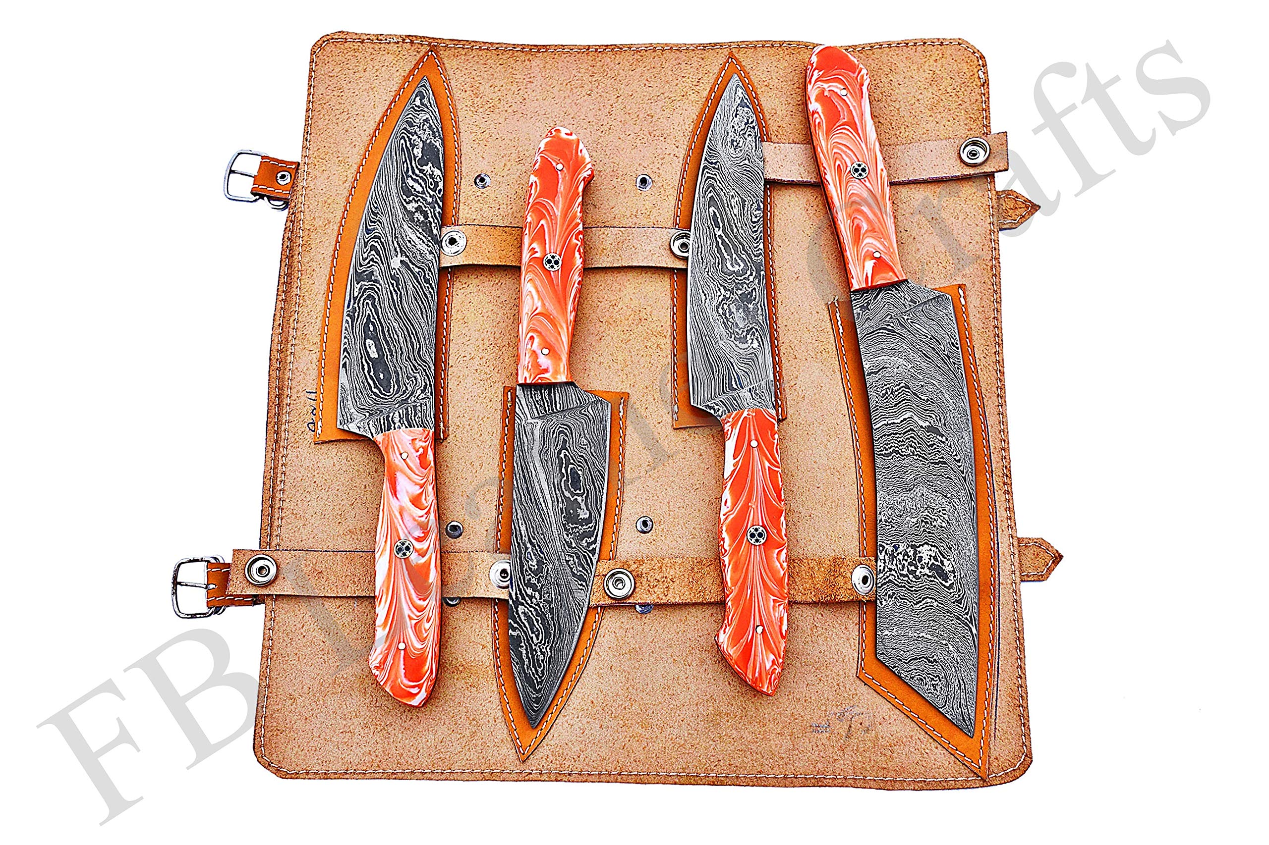 Premium Damascus Steel Chef Knife Set - 4-Piece Custom Kitchen Knives with Orange & White Resin Handles (FBK-1016 & 1067) - Perfect for Professional Chefs & Home Cooking Enthusiasts